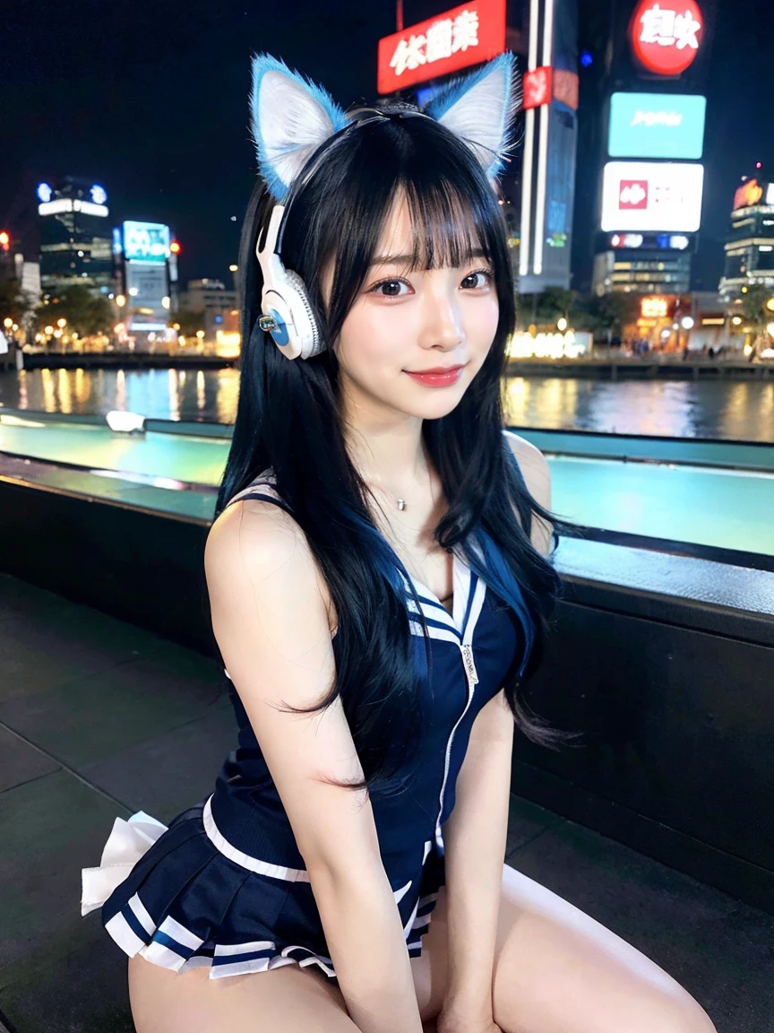 Four Girls, Full body photo、whole、最high quality, masterpiece, 32k、Very detailed、Realistic、Random Face、Japanese women、Cute Face, (photo Actual:1.3), Edge lighting, (Skin with attention to detail:1.2), 8k超High resolution, Single-lens reflex camera, high quality, High resolution, 4K, 8k, Optimal ratio of four fingers to one thumb, (Actual:1.3), smile、自然なsmile、Bob Hair(Blue Hair Styles、Beautiful blue hair color)、Baseball Cheerleader Costumes(black、Light blue line design、Japanese professional baseball cheerleaders)、Cat ear headphones(ピンク色のネオンCat ear headphones)、There are four cute girls., Realistic、Super Realistic、32k、Very detailed、masterpiece, 最high quality, beautiful girl, beauty、 Mecha, Beautiful lighting, Sitting,Cyber Neon、Future City、Skyscraper、City Night、Shanghai、Big cities、Night view、綺麗なNight view