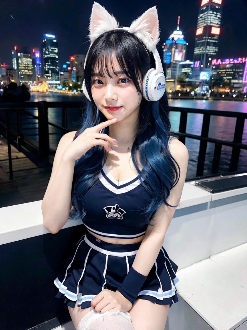 Four Girls, Full body photo、whole、最high quality, masterpiece, 32k、Very detailed、Realistic、Random Face、Japanese women、Cute Face, (photo Actual:1.3), Edge lighting, (Skin with attention to detail:1.2), 8k超High resolution, Single-lens reflex camera, high quality, High resolution, 4K, 8k, Optimal ratio of four fingers to one thumb, (Actual:1.3), smile、自然なsmile、Bob Hair(Blue Hair Styles、Beautiful blue hair color)、Baseball Cheerleader Costumes(black、Light blue line design、Japanese professional baseball cheerleaders)、Cat ear headphones(ピンク色のネオンCat ear headphones)、There are four cute girls., Realistic、Super Realistic、32k、Very detailed、masterpiece, 最high quality, beautiful girl, beauty、 Mecha, Beautiful lighting, Sitting,Cyber Neon、Future City、Skyscraper、City Night、Shanghai、Big cities、Night view、綺麗なNight view