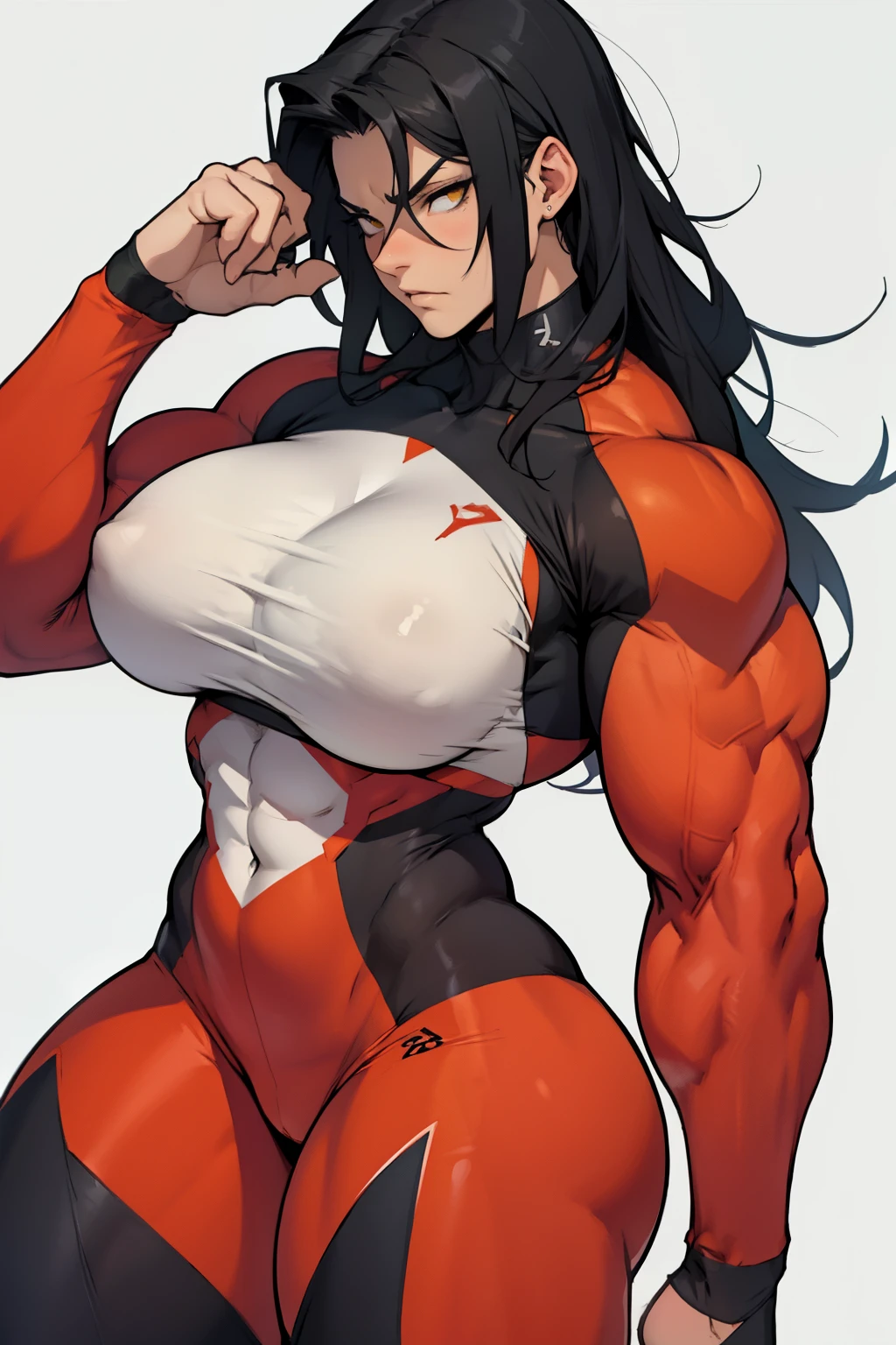 huge muscles huge breasts huge thighs pale skin black hair yellow eyes very long hair muscular girl sad frown expressionless huge muscles huge breasts huge thighs huge muscles huge breasts huge thighs skintight suit