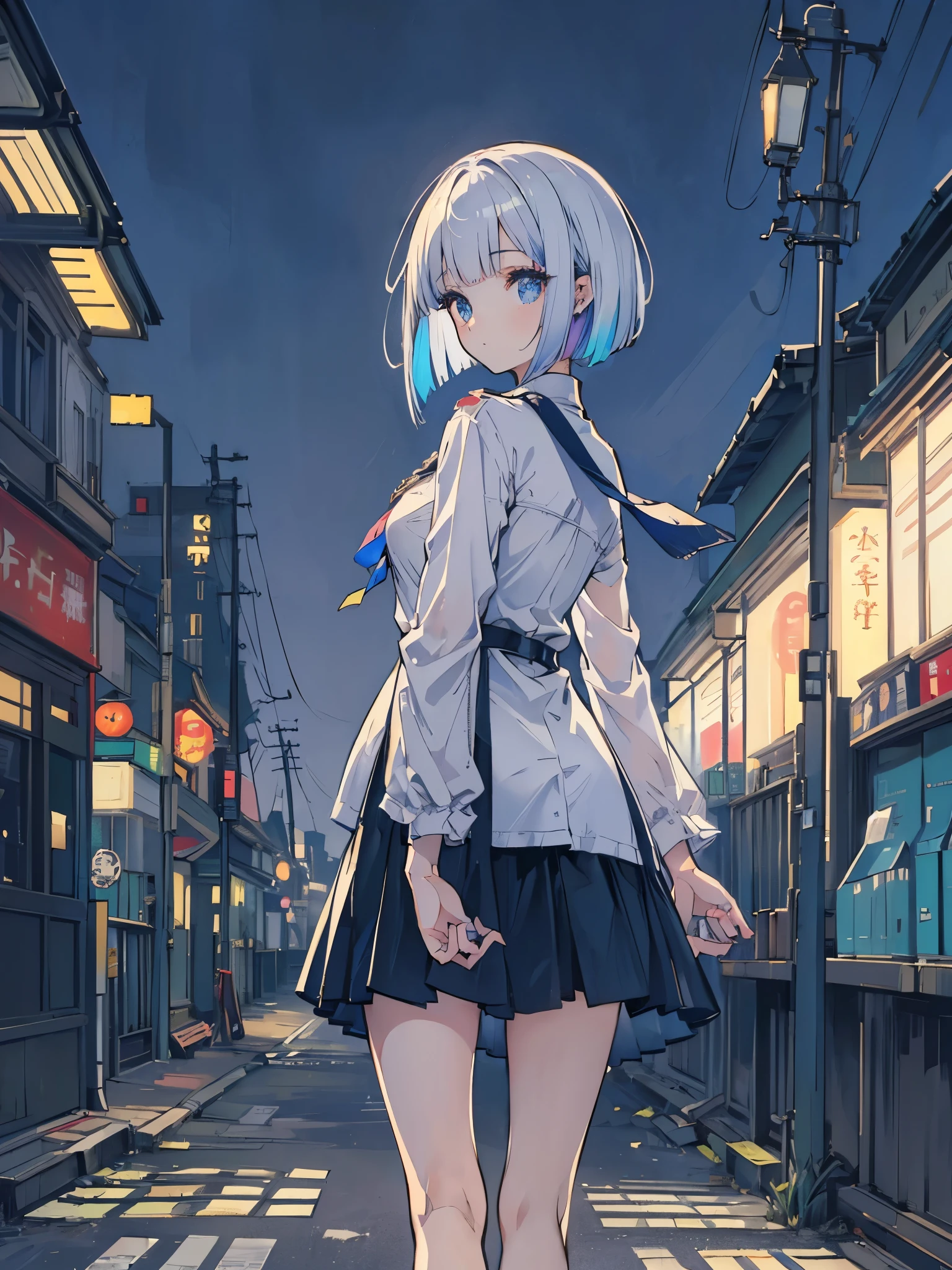 A girl fairy, walking through the streets of Tokyo among people, convenience stores in the field of vision, people crossing the center of Tokyo, (((the fairy has navy blue eyes, white shot bob hair, and walks down the street looking to the sides ))), {extremely detailed 16k CG unit wallpaper}, expansive landscape photography, (a low view focusing on the character and setting), (wide open field view), (low angle shot) , (high light: 1.5), (low light: 1.2), (warm light source: 1.2), complex details, (iridescent colors: 1.2), (bright lighting), (atmospheric lighting), dreamy
