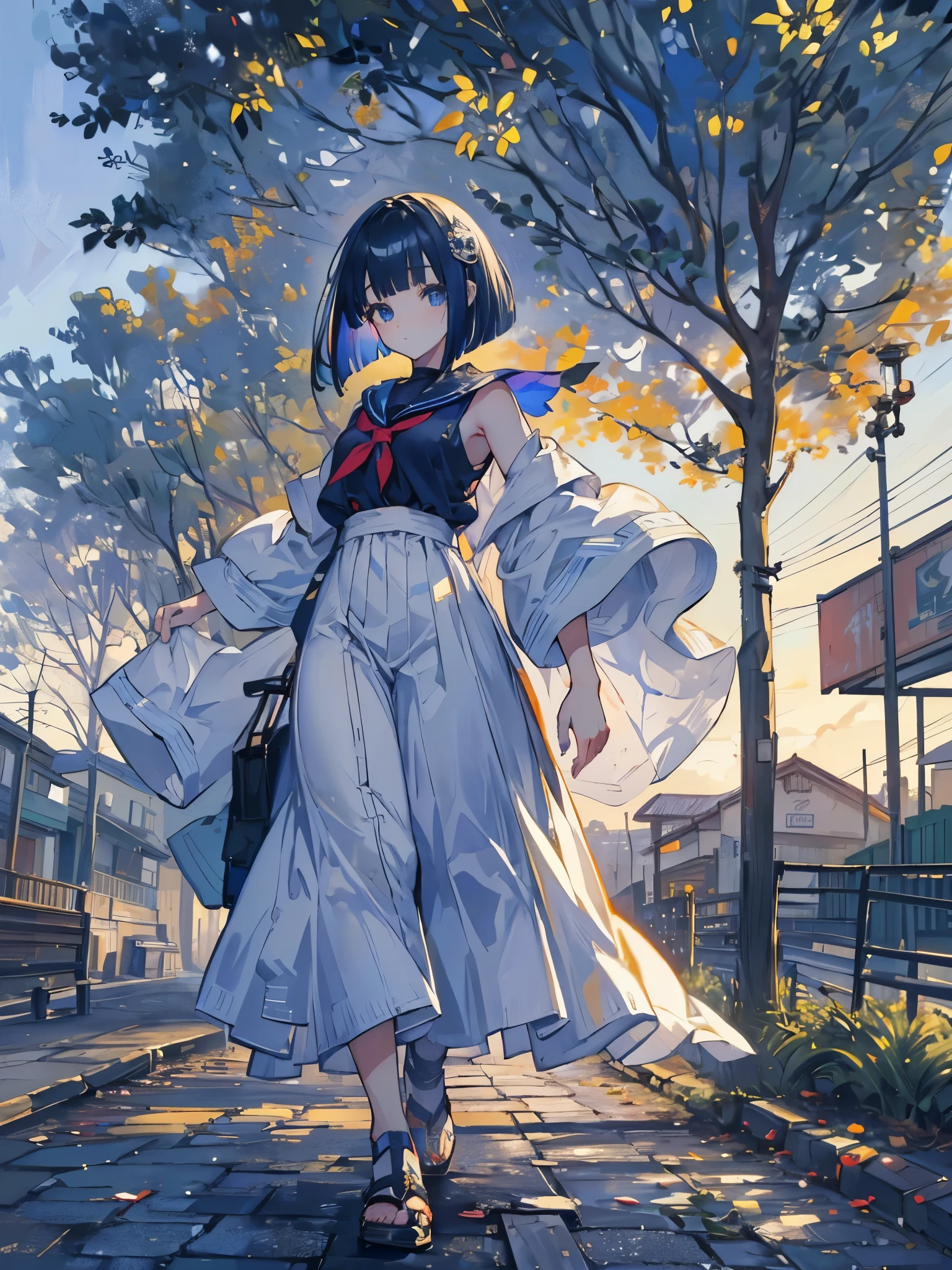 A girl fairy, walking through the streets of Tokyo among people, convenience stores in the field of vision, people crossing the center of Tokyo, (((the fairy has navy blue eyes, white shot bob hair, and walks down the street looking to the sides ))), {extremely detailed 16k CG unit wallpaper}, expansive landscape photography, (a low view focusing on the character and setting), (wide open field view), (low angle shot) , (high light: 1.5), (low light: 1.2), (warm light source: 1.2), complex details, (iridescent colors: 1.2), (bright lighting), (atmospheric lighting), dreamy