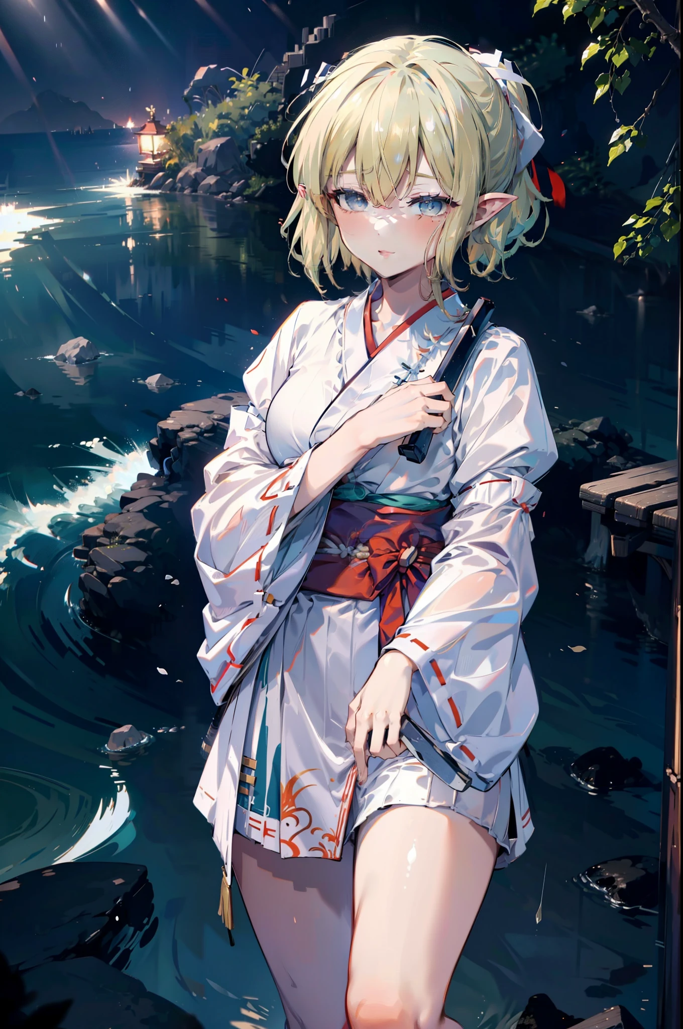 Ryurion, Ryu Lion, Blonde Hair, blue eyes, Fairy, Hair between the eyes, Pointed Ears, short hair, (Small breasts:1.2),happy smile, smile, Shut your mouth.,
Bellflower,Shrine maiden,white kimono, Red too,kimono, Same as skirt, Wide sleeves, Long sleeve, Thick sleeves,Red too,White tabi,Sandals,Ribbon Trim Sleeve, Low Ponytail, noon,sunny,background,blue sky,The viewer is 星ing at a pile of burgers on a table., Are standing, 
break looking at viewer, Upper Body, whole body,
break indoors, Burger Shop,
break (masterpiece:1.2), highest quality, High resolution, unity 8k wallpaper, (shape:0.8), (Beautiful and beautiful eyes:1.6), Highly detailed face, Perfect lighting, Extremely detailed CG, (Perfect hands, Perfect Anatomy),