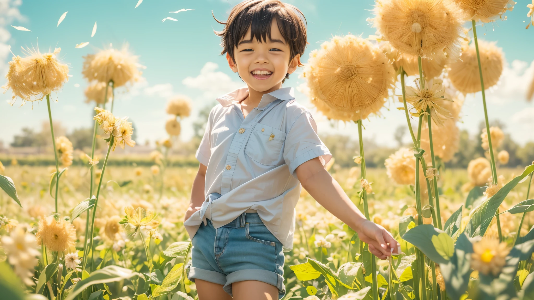 (zh-CN) Farmland, morning dew, sun-baked wheat field, leisurely blossoming dandelions, (1 boy), a big smiling face under the bright sun, wearing light cotton attire, blue shirt, kind and natural.