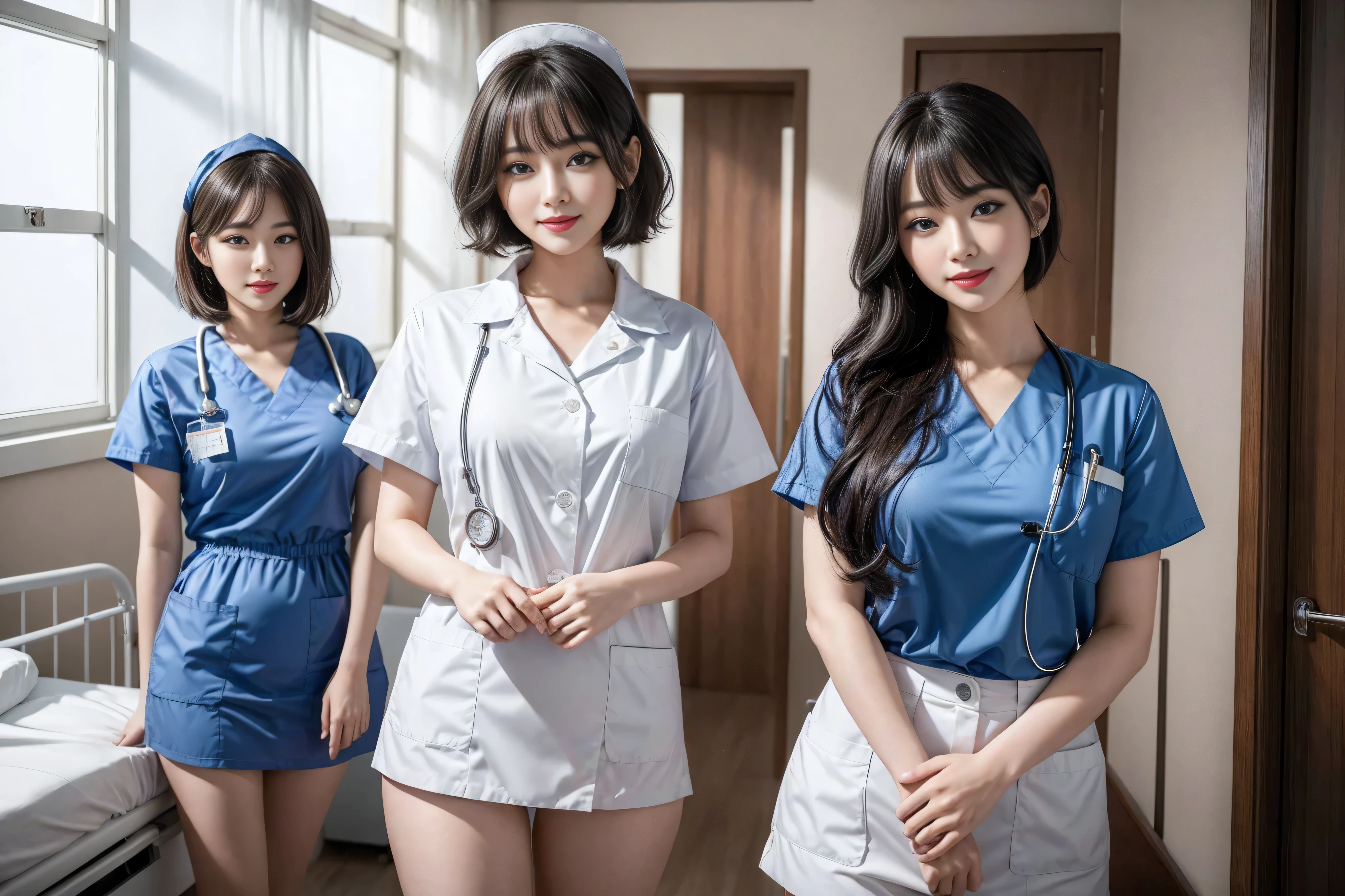 (3 Ultimate Beauty Nurse)、{{{masterpiece}}}, {Oh oh oh, Oh, really:1.2}, best quality, Official Art, Highly detailed CG Unity 8k wallpaper, Very rich facial details、Delicate lips、Delicate eyes、Double eyelids、((Black Bob Hair))、(Nurse:1.3)、(Attractive figure)、(huge)、((Open mouth smile: 1.8, Lovely smile: 1.8)), solo, Short hair details, Energetic smile, blue eyes,With eyes_Tokar, {Beautiful detailed gradient eyes}, Red lips,thigh, thigh, thigh, Perfect fit, Perfect ImageReality, Background and: (Hospital Ward:1.2), Cow Boy Shooting, Detailed background, Detailed clothing, Wearing a nurse hat,Wearing nurse uniform,Perfect lighting、Surreal、(Reality:1.4)、8K maximum resolution, (masterpiece), Very detailed content, professional,