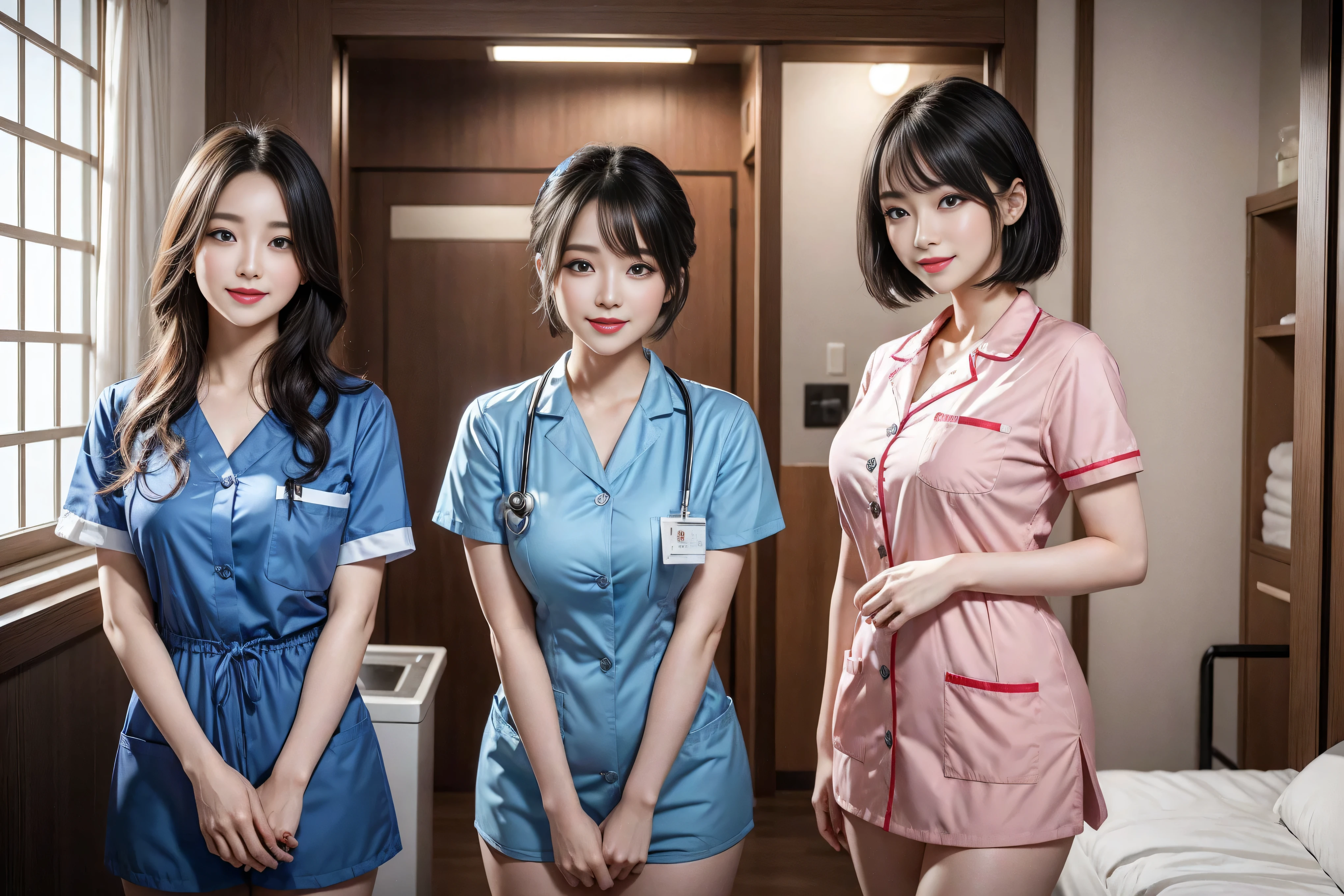 (3 Ultimate Beauty Nurse)、{{{masterpiece}}}， {Oh oh oh, Oh, really：1.2}， best quality， Official Art， Highly detailed CG Unity 8k wallpaper， Very rich facial details、Delicate lips、Delicate eyes、Double eyelids、((Black Bob Hair))、(Nurse:1.3)、(Attractive figure)、(huge)、（（Open mouth smile： 1.8， Lovely smile： 1.8））， solo， Short hair details， Energetic smile， blue eyes，With eyes_Tokar， {Beautiful detailed gradient eyes}， Red lips，thigh, thigh, thigh, Perfect fit, Perfect ImageReality, Background and: (Hospital Ward:1.2), Cow Boy Shooting, Detailed background, Detailed clothing, Wearing a nurse hat，Wearing nurse uniform，Perfect lighting、Surreal、(Reality:1.4)、8K maximum resolution, (masterpiece), Very detailed content, professional，