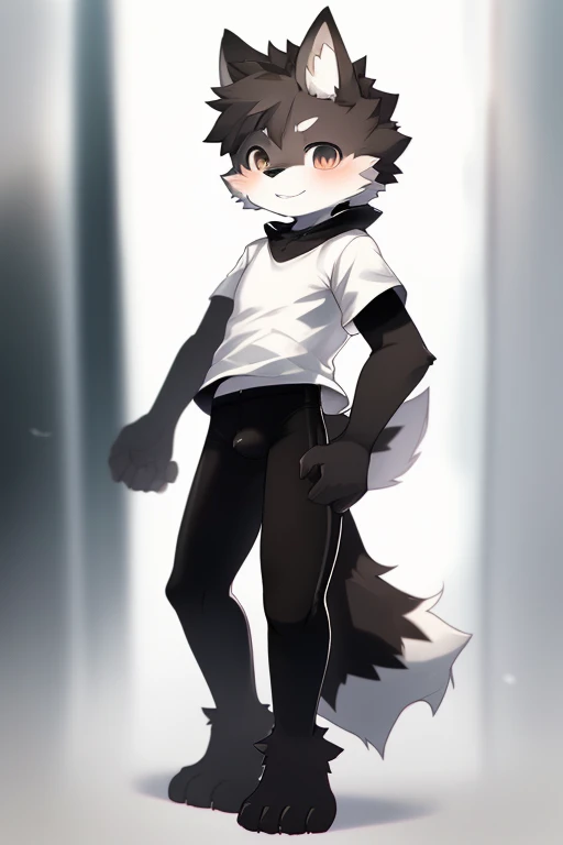 Furry wolf,((Shota)), black spandex tights, white shirt, solo, standing 