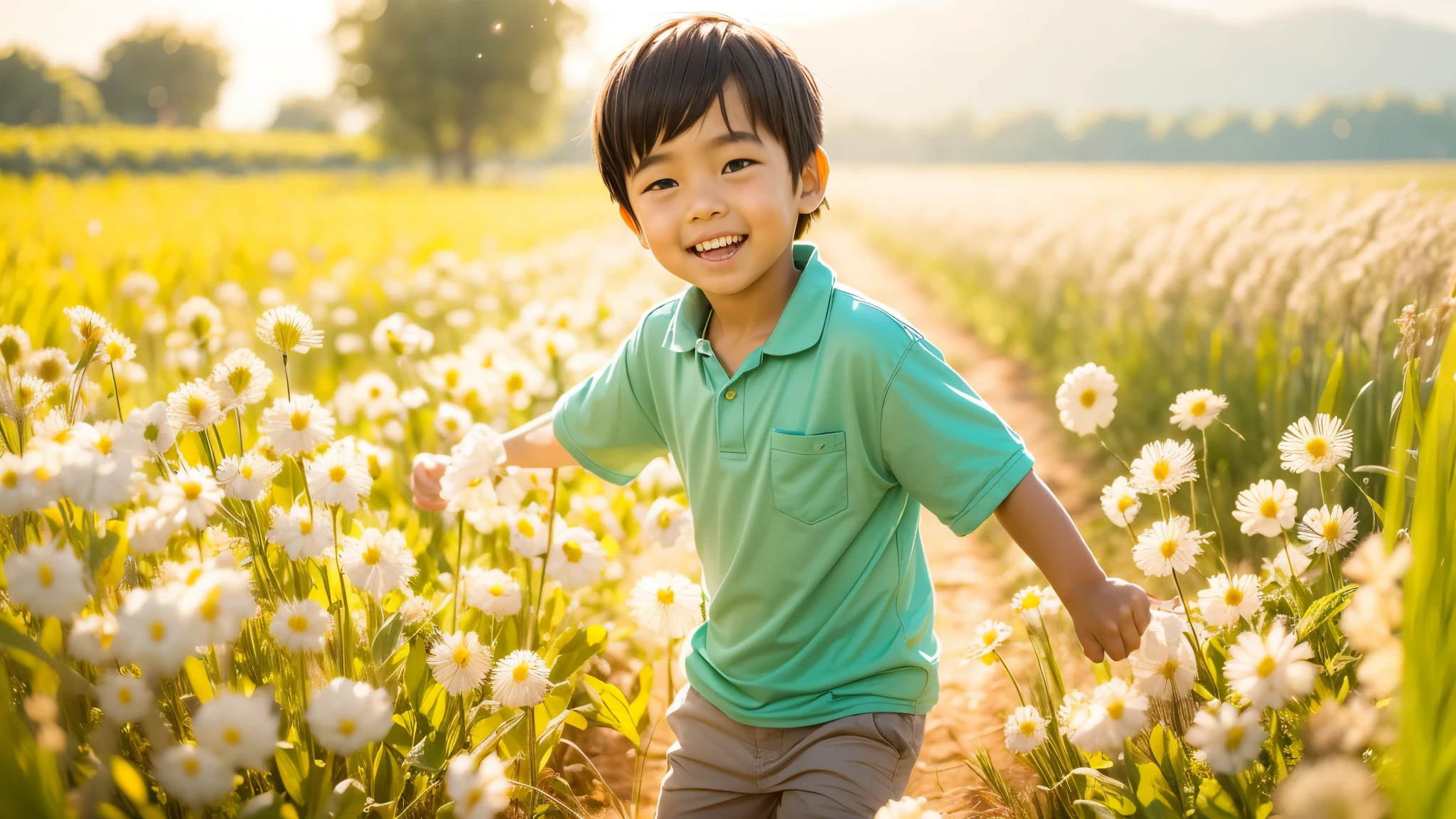 (zh-CN) Farmland, morning dew, sun-baked wheat field, leisurely blossoming dandelions, (1 boy), a big smiling face under the bright sun, wearing light cotton attire, blue shirt, kind and natural.