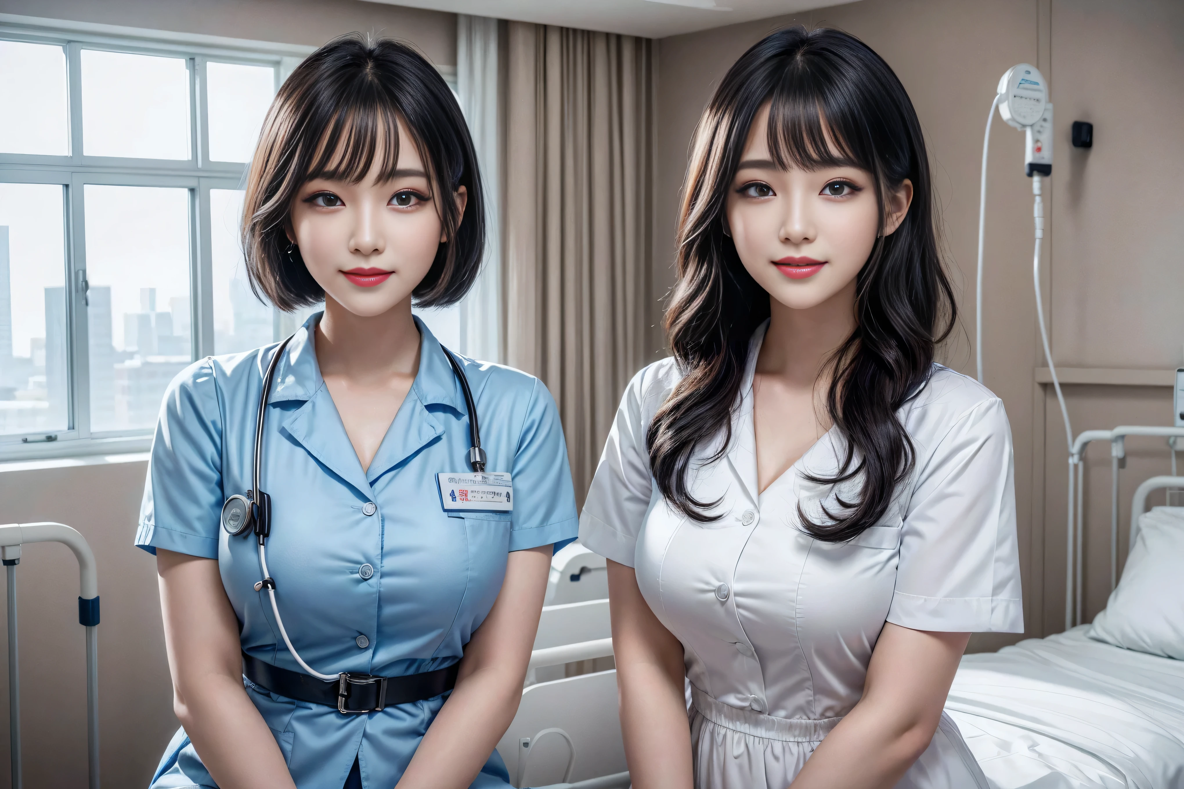 Realistic beautiful doctor、Stunning beauty、Doctor&#39;s white coat, Collared shirt、(Top quality、8K、32k、masterpiece、North African Trade Zone:1.3)、Ultra-high resolution,(realism:1.4),Original Photography, Delicate face,,Beautiful hair, ((Doctor style))，((Leg length)), （Thigh gap：1.5）， Black tight skirt、 Natural Makeup,, Plump large breasts、Inside the hospital, Detailed background, Perfect lighting, Depth of Field, Beautiful shadow gradient,Stethoscope ,