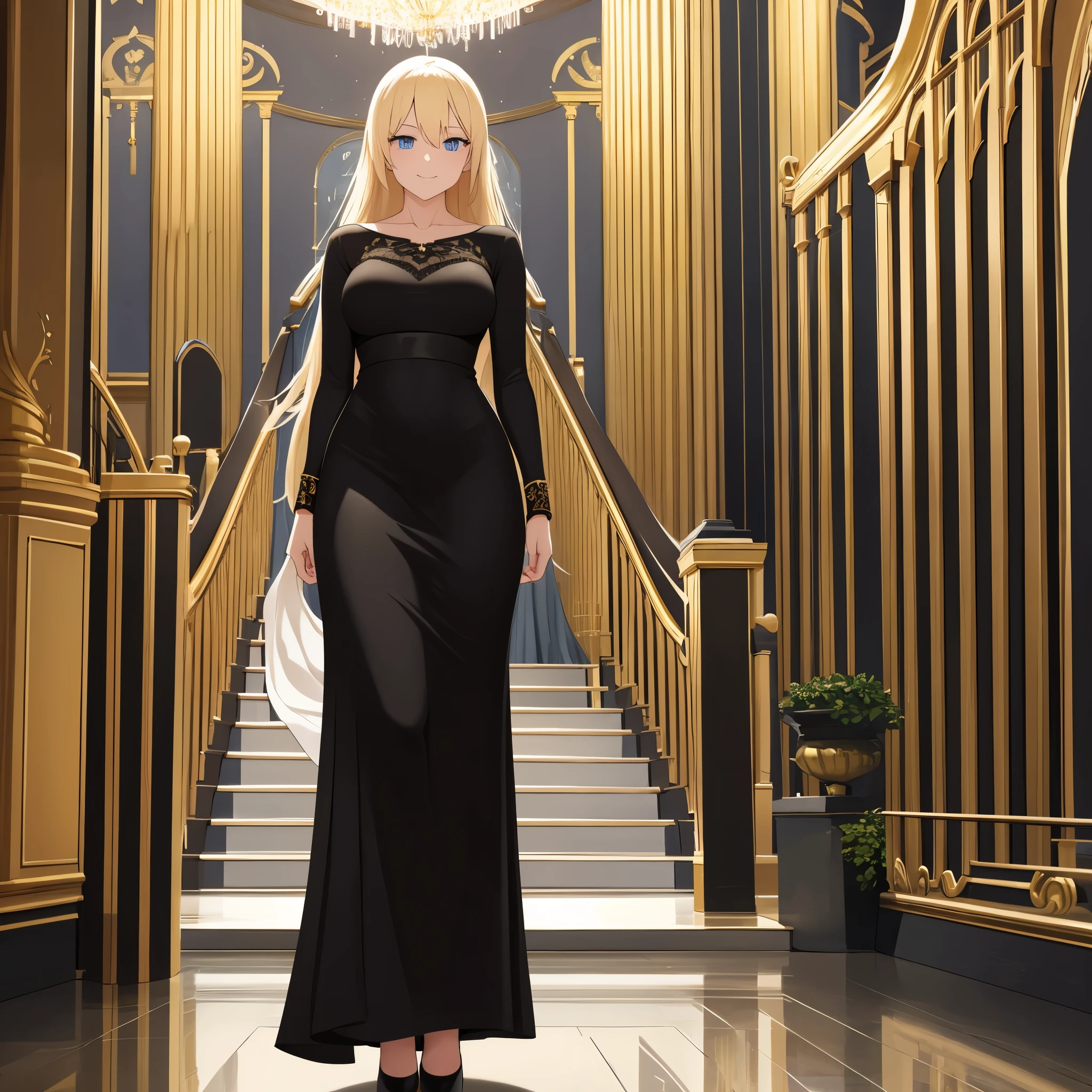 A woman wearing a black dress, with gold details on the dress, walking on the second floor of a white platform, with a staircase nearby going to the first floor, long blonde hair, black heels, blue eyes, luxurious glass window in the background, lighting place, blurred background, smiling, full body, bokeh effect, stereogram, tachi-e, point of view atmospheric view, high detail, luminism, hyperrealism, brightness, 8k, super detail, accurate, best quality, high resolution, award-winning, anatomically correct
