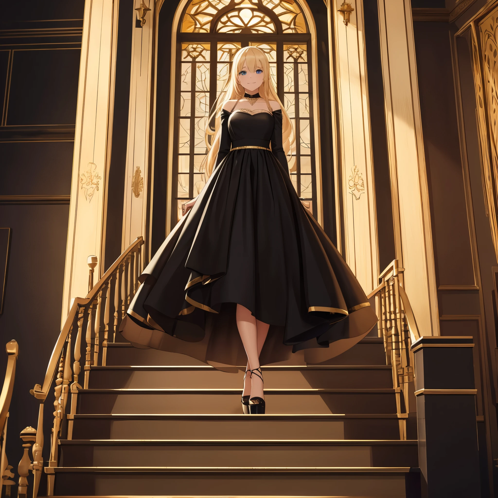 A woman wearing a black dress, with gold details on the dress, walking on the second floor of a white platform, with a staircase nearby going to the first floor, long blonde hair, black heels, blue eyes, luxurious glass window in the background, lighting place, blurred background, smiling, full body, bokeh effect, stereogram, tachi-e, point of view atmospheric view, high detail, luminism, hyperrealism, brightness, 8k, super detail, accurate, best quality, high resolution, award-winning, anatomically correct
