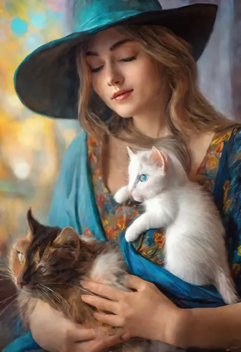 a beautiful girl, wearing hat,  sitting, wearing a beautiful dress, holding a little cat, highly detailed, oil painting, (best q...