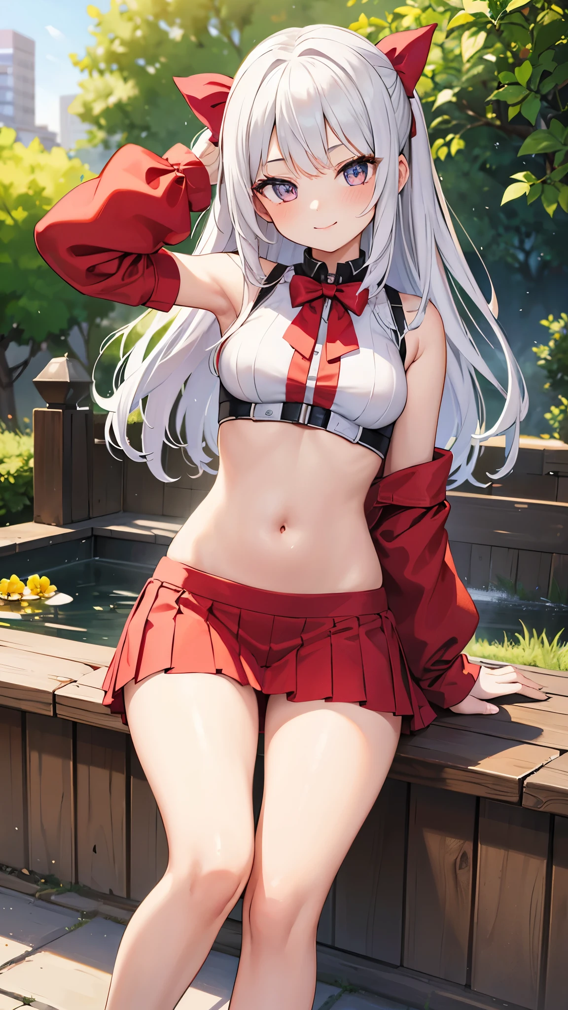 masterpiece, best quality, ultra-detailed, illustration, beautiful detailed eyes, 1girl, outdoor garden, big size attractive bra, super small croptop, white hair, 22 years old, short red skirt, short shirt, thin belly, hair bow, long hair, sleeveless, confident smile, confident gesture detail_face