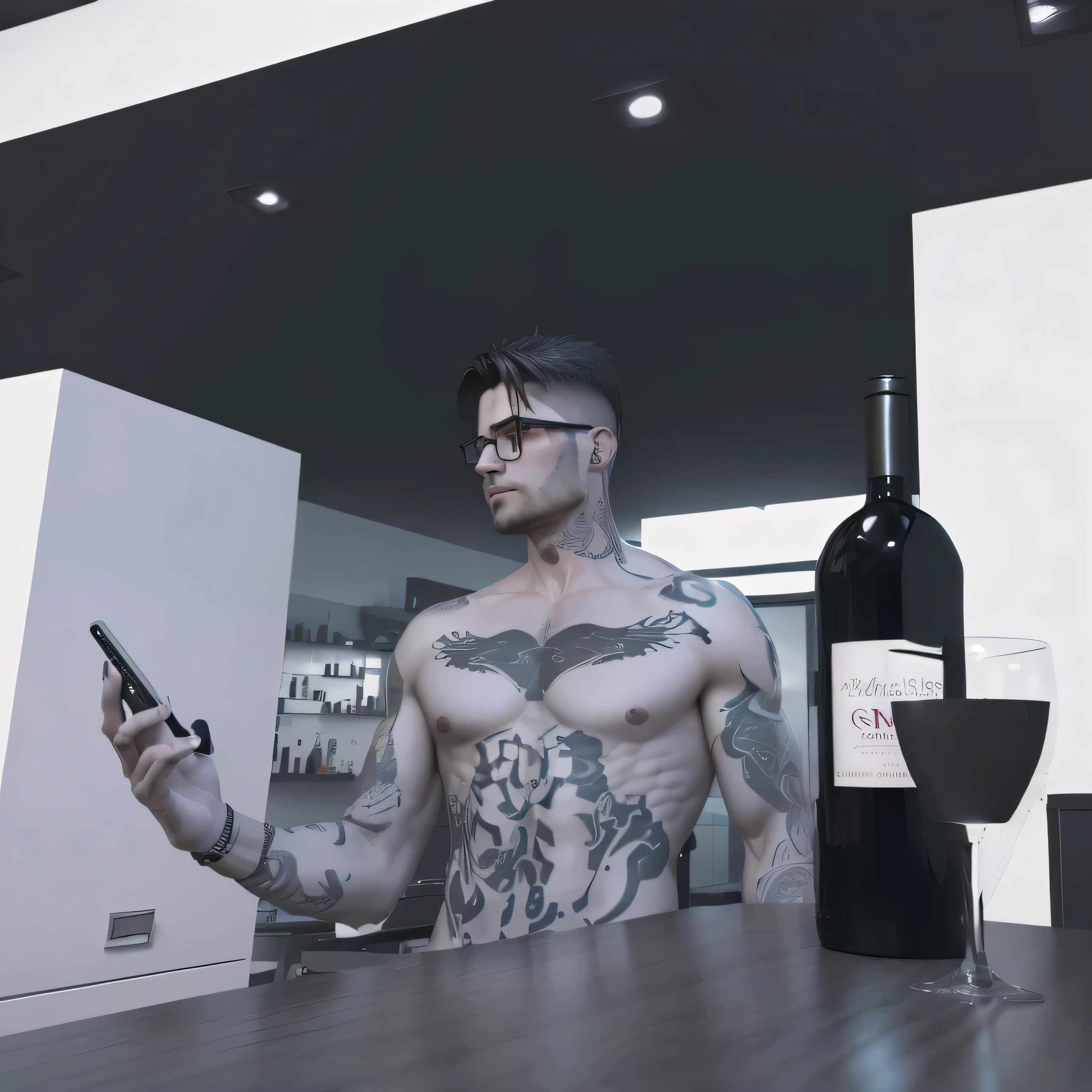 man without a shirt with tattoos, wearing glasses with cell phone in his hand next to a counter with wine, realistic 3d,