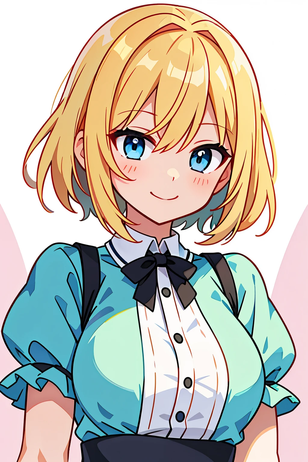from right in front of face and body, 　upper body shot, 　one person, 　short hair, 　　　smile　Simple background　upper body shot, 　Blonde　　Fair skin　uniform　　ブロンドの髪とグリーンの目を持つAnime Girls, In a dress, Anime Style. 8k, Anime Girlsのポートレート, Smooth Anime, かわいいAnime Girls, portrait of かわいいAnime Girls, realistic 若いAnime Girls, 若いAnime Girls, 美しいAnime Girls, かわいいAnime Girls, portrait of Anime Girls, かわいいAnime Girls portrait, Anime Girls