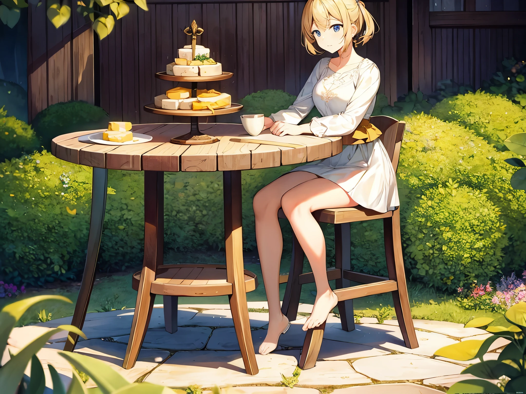 [Artistic Style - Impressionist, Masterpiece - Monet's "Water Lilies", Best Quality - Museum-grade canvas, Super Detail - Brushstrokes visible, Very Delicate and Beautiful - Subtle color palette, Solo - Only a single slice, Full Body - Entire wheel, Full Body Portrait - Entire cheese wheel with a solitary slice, ((Aged cheddar, intricate carvings)), ((Outdoor farm setting)), ((Rustic wooden table)), ((Dripping, golden cheese)) - Carved, aged cheddar wheel with intricate designs, placed on a rustic wooden table outdoors, with a single golden slice slightly dripping. Det