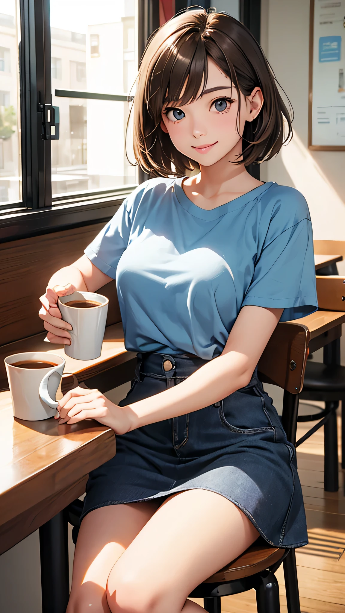 highest quality、Realistic、woman、student、zoom、cute、Grey Eyes、Light brown hair、short hair、T-Shirts、Blue mini skirt、Cafe、smile、Please sit down、drink tea