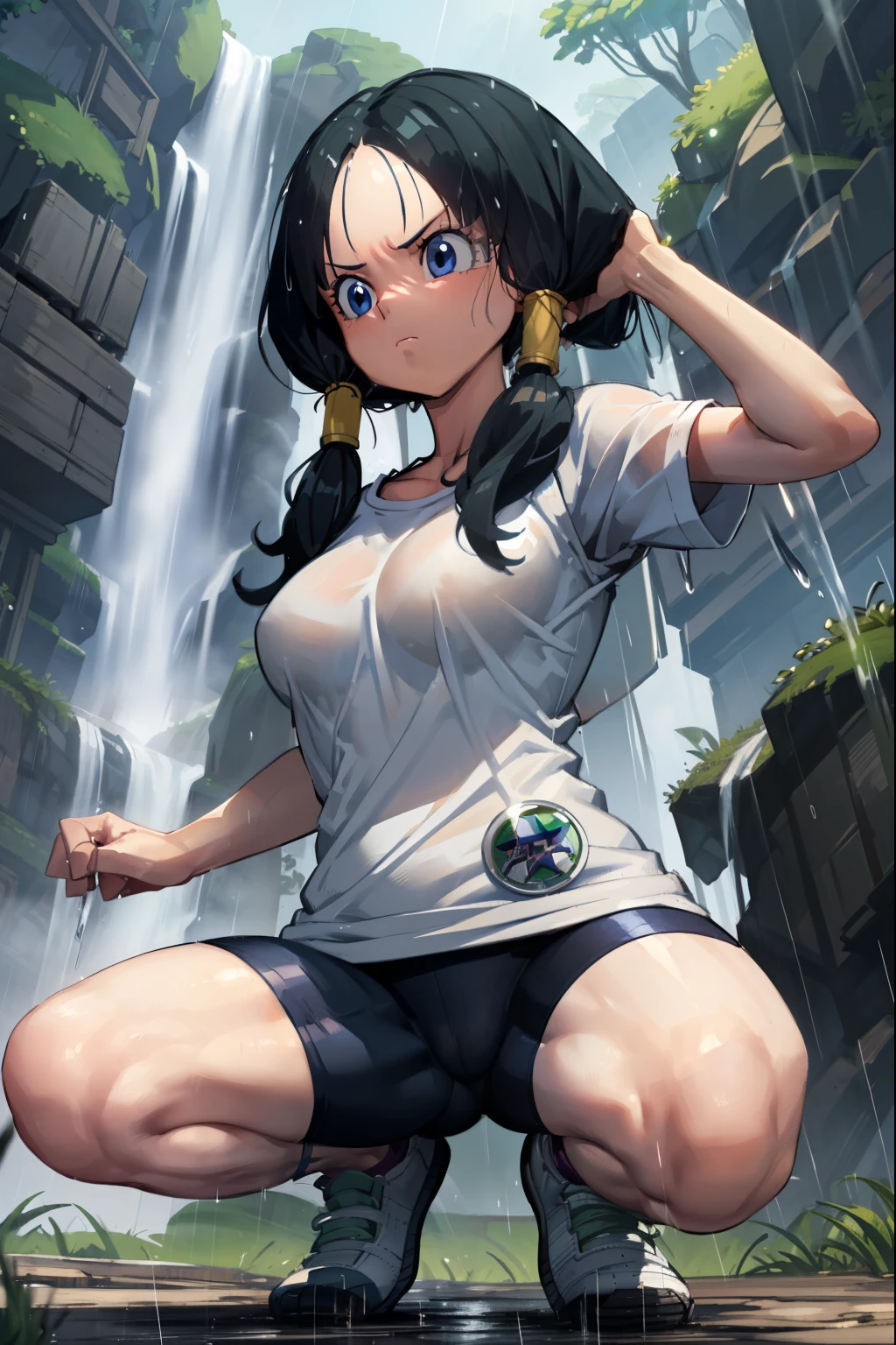 Videl,Saw 2,Low twin tails,White T-shirt,badge, bicycle_Shorts,Green running shoes,Asian Squat,blue eyes,Gloomy face,forest,rain,fog,cloudy,river,waterfall,Fantasy,Open your mouth a little,Large Breasts,Open your eyes a little,