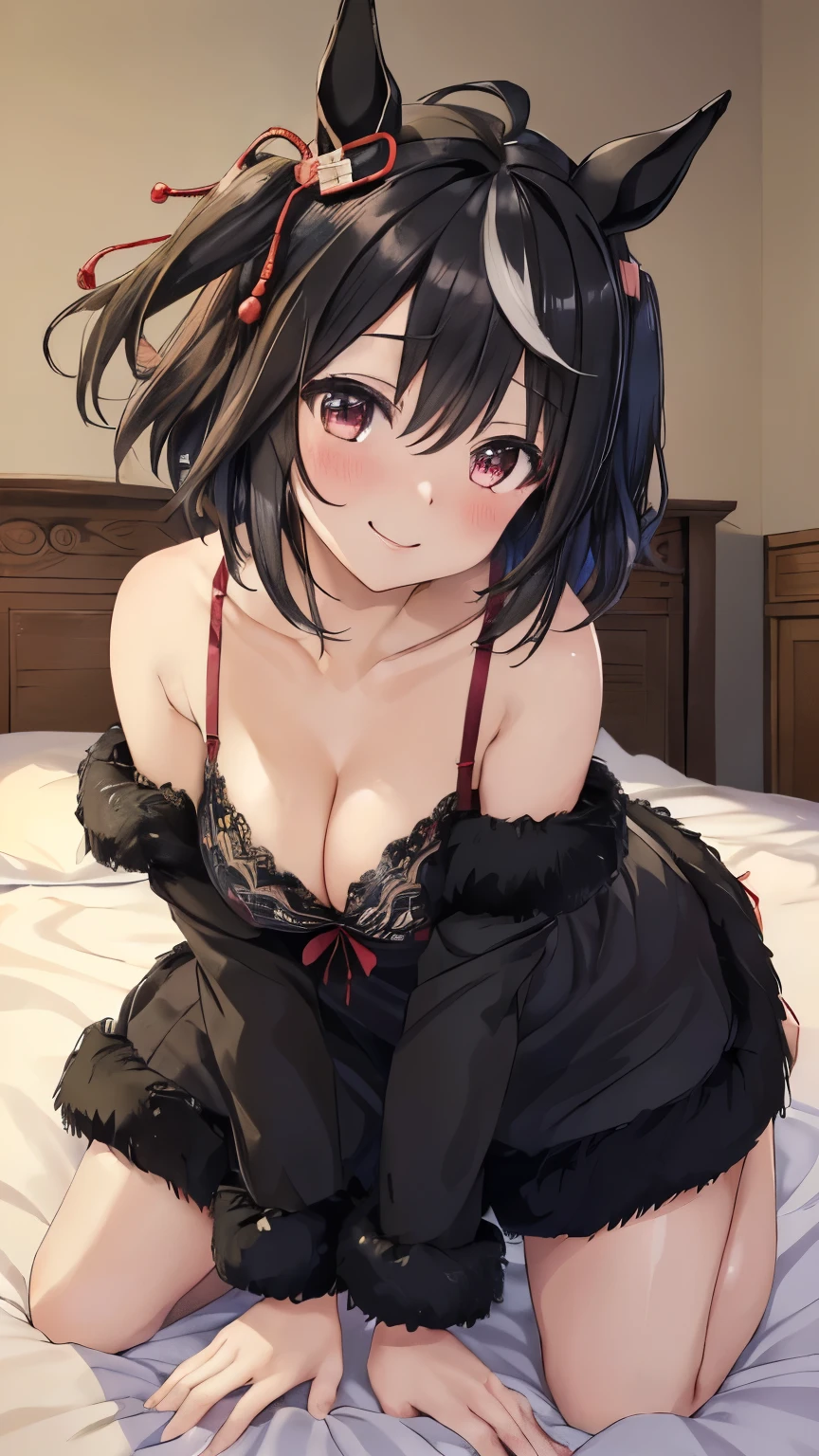 ((masterpiece,highest quality)), Movie angle,(Kitasan black_umamusume),Animal ears, short hair, Striped Hair, hair ornaments, Horse tail,(underwear、Cleavage、On the bed、On all fours),nice,Long faux fur,hairpin,  alone, smile, blush,Are standing,Looking at the audience,