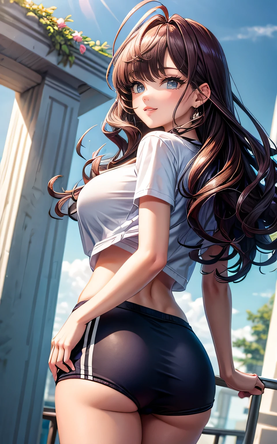 (masterpiece, best quality),
1girl, standing, from below, from behind, looking back,(close-up ass:1.1),ass focus,wide hip
BREAK girl, 15 yo, (medium long hair:1.2), bobcut, (hair between eyes:0.5), (straight hair:1.3),ultra detailed eyes, (huge breasts:1.2), hanging breasts, (tareme:1.3), smile, grin,shiny skin, sweat
BREAK gym uniform, buttocks, highleg, buruma,
BREAK outdoors, sky