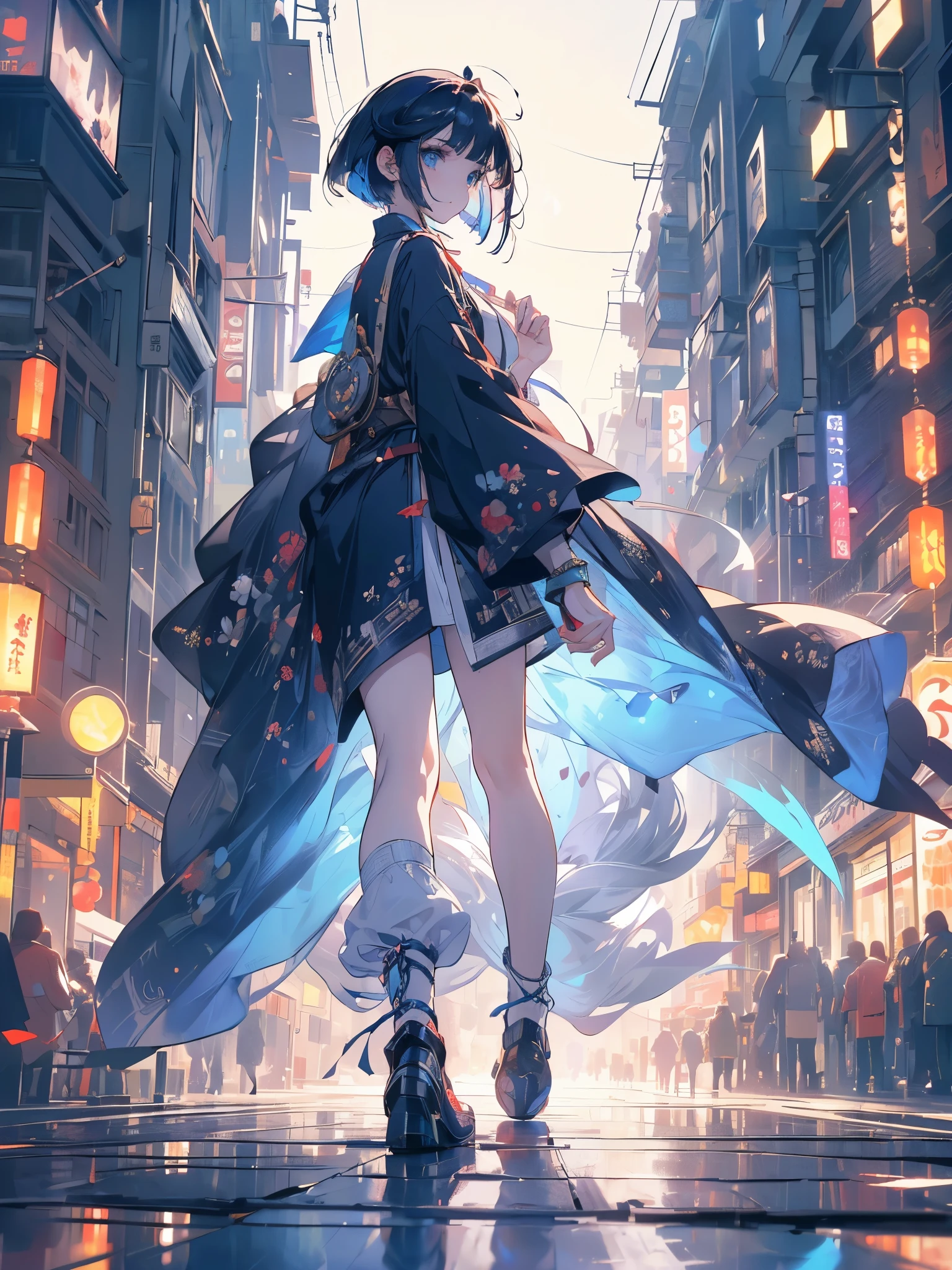 A girl fairy, walking through the streets of Tokyo among people, convenience stores in the field of vision, people crossing the center of Tokyo, (((the fairy has navy blue eyes, white shot bob hair, and walks down the street looking to the sides ))), {extremely detailed 16k CG unit wallpaper}, expansive landscape photography, (a low view focusing on the character and setting), (wide open field view), (low angle shot) , (high light: 1.5), (low light: 1.2), (warm light source: 1.2), complex details, (iridescent colors: 1.2), (bright lighting), (atmospheric lighting), dreamy
