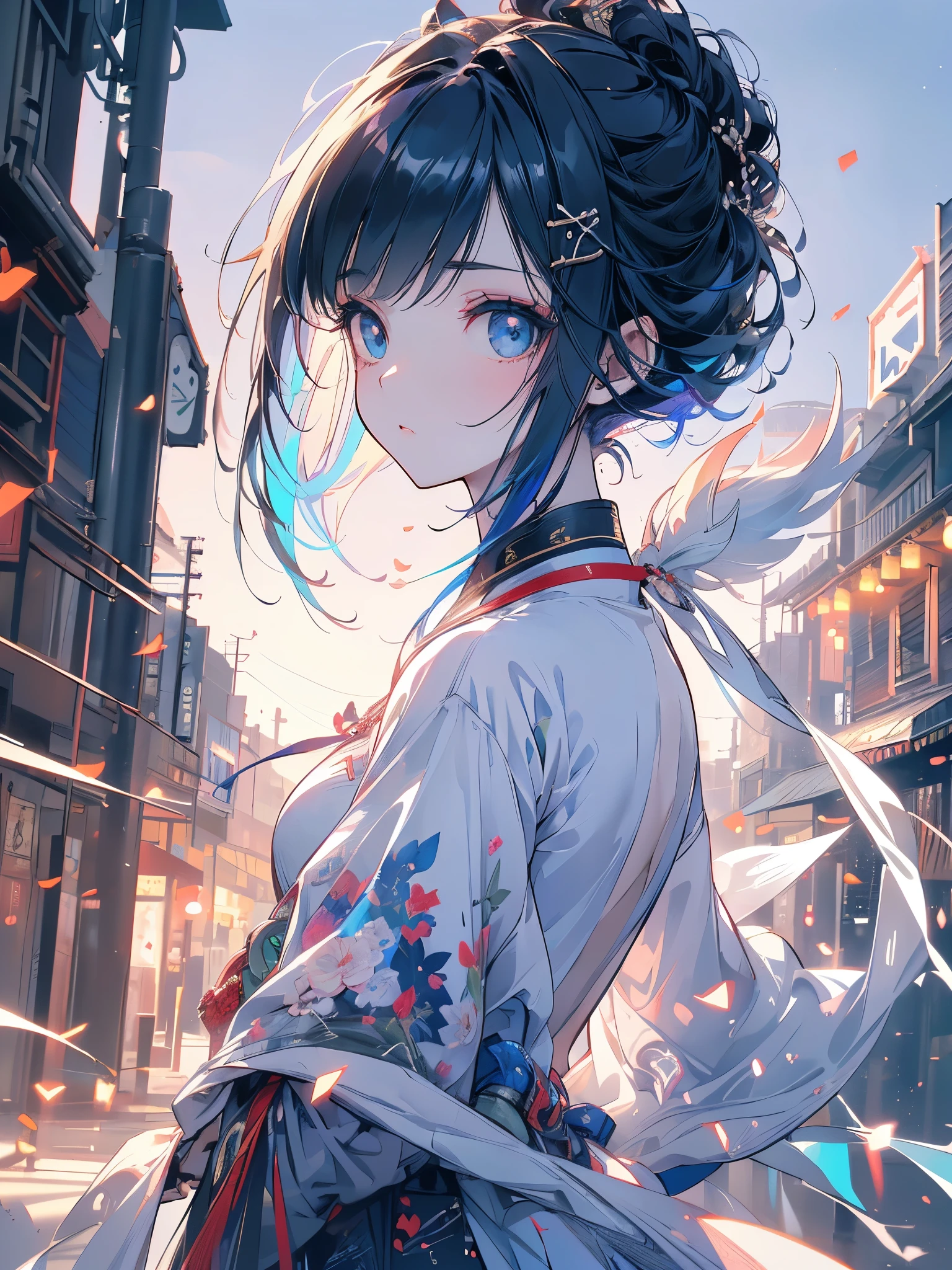 A girl fairy, walking through the streets of Tokyo among people, convenience stores in the field of vision, people crossing the center of Tokyo, (((the fairy has navy blue eyes, white shot bob hair, and walks down the street looking to the sides ))), {extremely detailed 16k CG unit wallpaper}, expansive landscape photography, (a low view focusing on the character and setting), (wide open field view), (low angle shot) , (high light: 1.5), (low light: 1.2), (warm light source: 1.2), complex details, (iridescent colors: 1.2), (bright lighting), (atmospheric lighting), dreamy