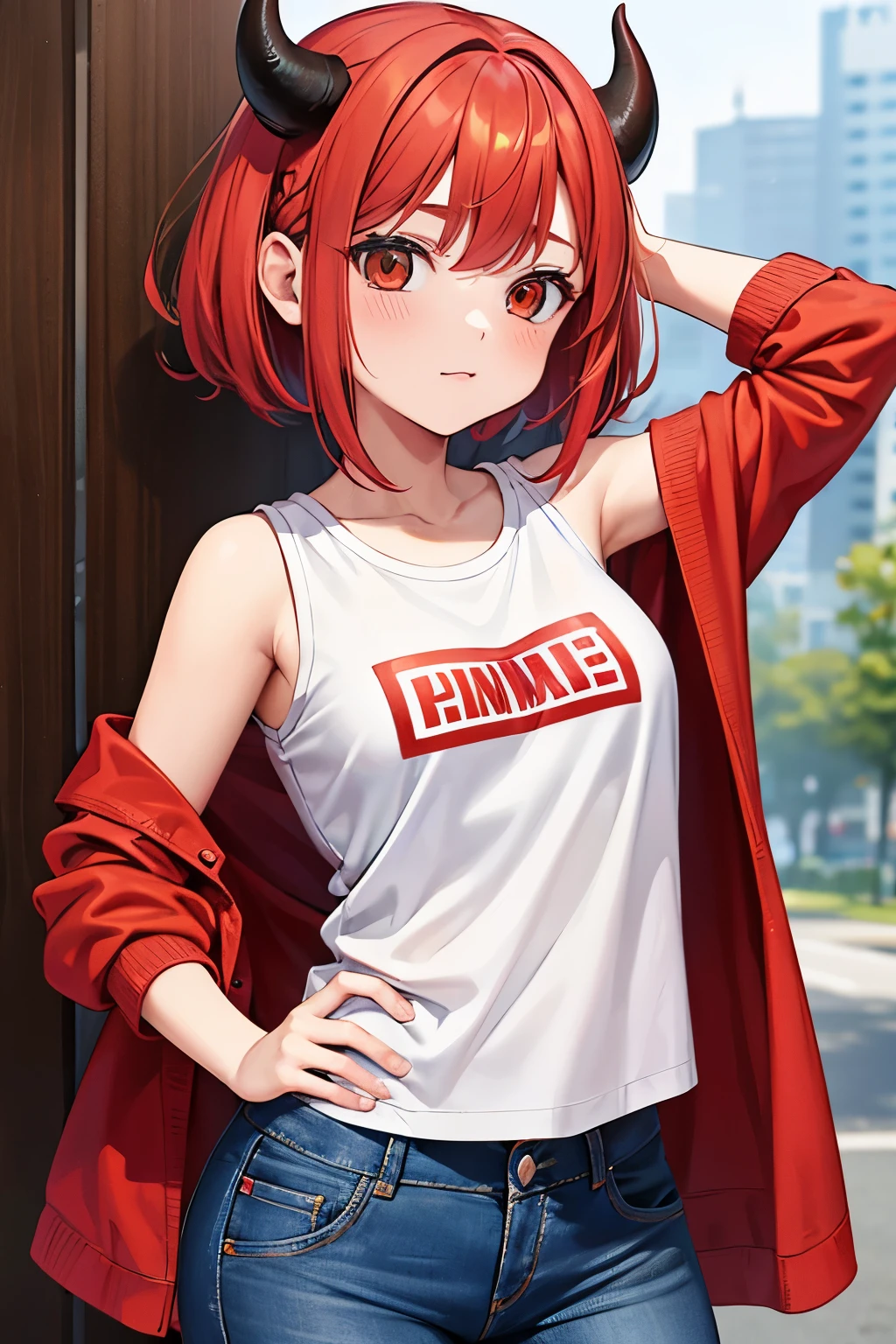 red hair,red This character is a teenage girl with horns that are 13.2 centimeters high and 1.28 centimeters thick. The horns are located on the upper left side of her head, showing remnants of her previous life as a Hollow helmet. Ella tiene corto, rojo y Fuego carmesí Her hair is short and reaches her shoulders. She has small breasts, approximately 2 and 1.5 centimeters high and 1.10 centimeters thick. She is 14 years old jeans and t-shirt (sudadera con capucha).eyes,bound and gagged