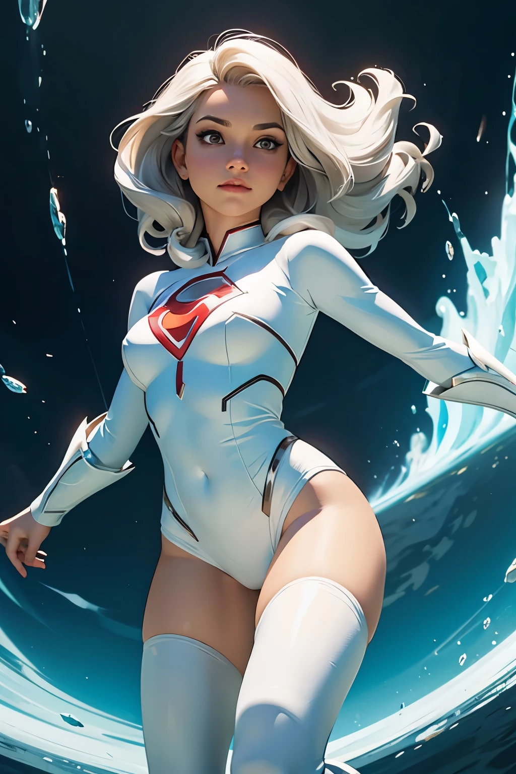 Powergirl, 1 garota, artist request, cinto, cabelo loiro curto, white with possible cover sleeves, luvas, botas, no characteristic features, corpo inteiro, olhos azuis, high resolution, olhando para o espectador, Krypton, DC Comics, cabelo curto, fundo simples, Sozinho, Kara jor-El: Cheiro de Krypton,