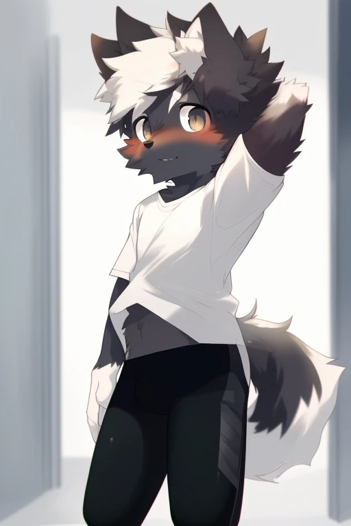 Furry wolf,((Shota)), black spandex tights, white shirt, solo, standing