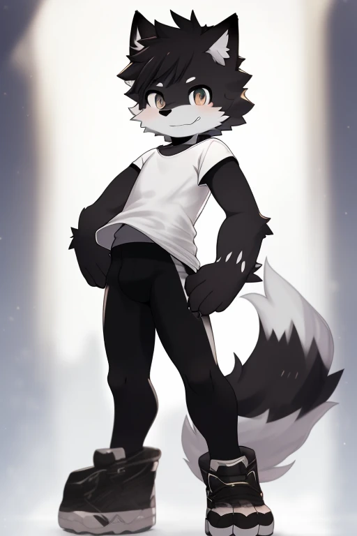 Furry wolf,((Shota)), black spandex tights, white shirt, solo, standing 