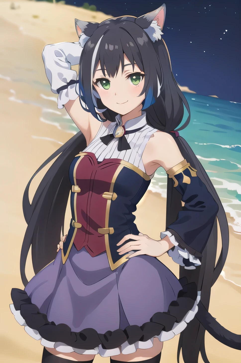 best quality, masterpiece, detailed,
Karyl,
solo, smile,
black hair, streaked hair, white hair, low twintails, very long hair, green eyes, cat ears, cat tail,
KarylDress, detached sleeves, black thighhighs, purple skirt, frills, brooch,
(cowboy shot:1.5), solo, night sky, beach, arm behind head, hand on hip, contrapposto, spread armpits, looking at viewer, best quality,