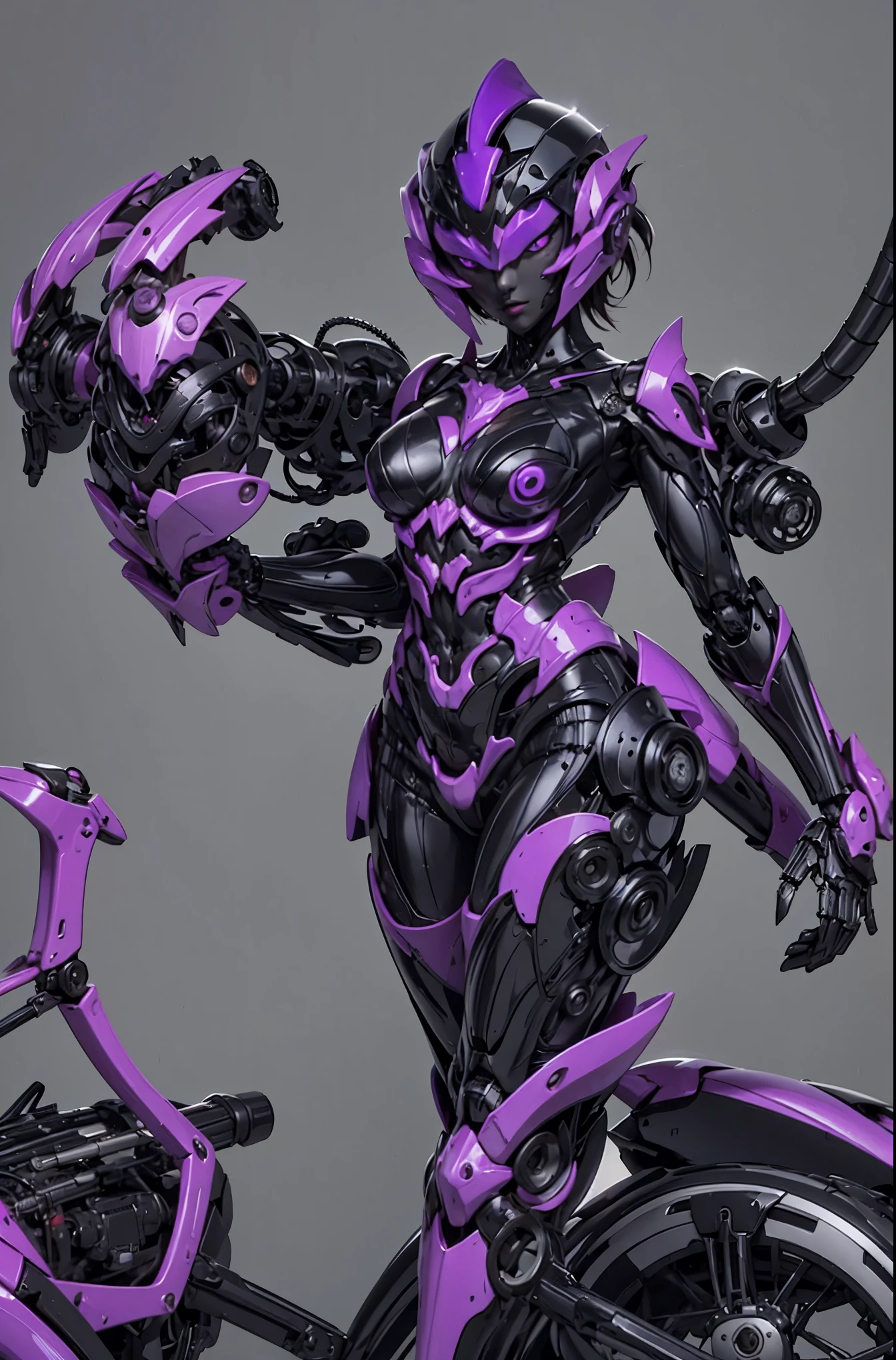 A female transformer. mechanical body. Three luminous eyes. she with a scorpion tail. Helmet liked face. Image colors of black and purple. Metallic luster. full body image. sexy.