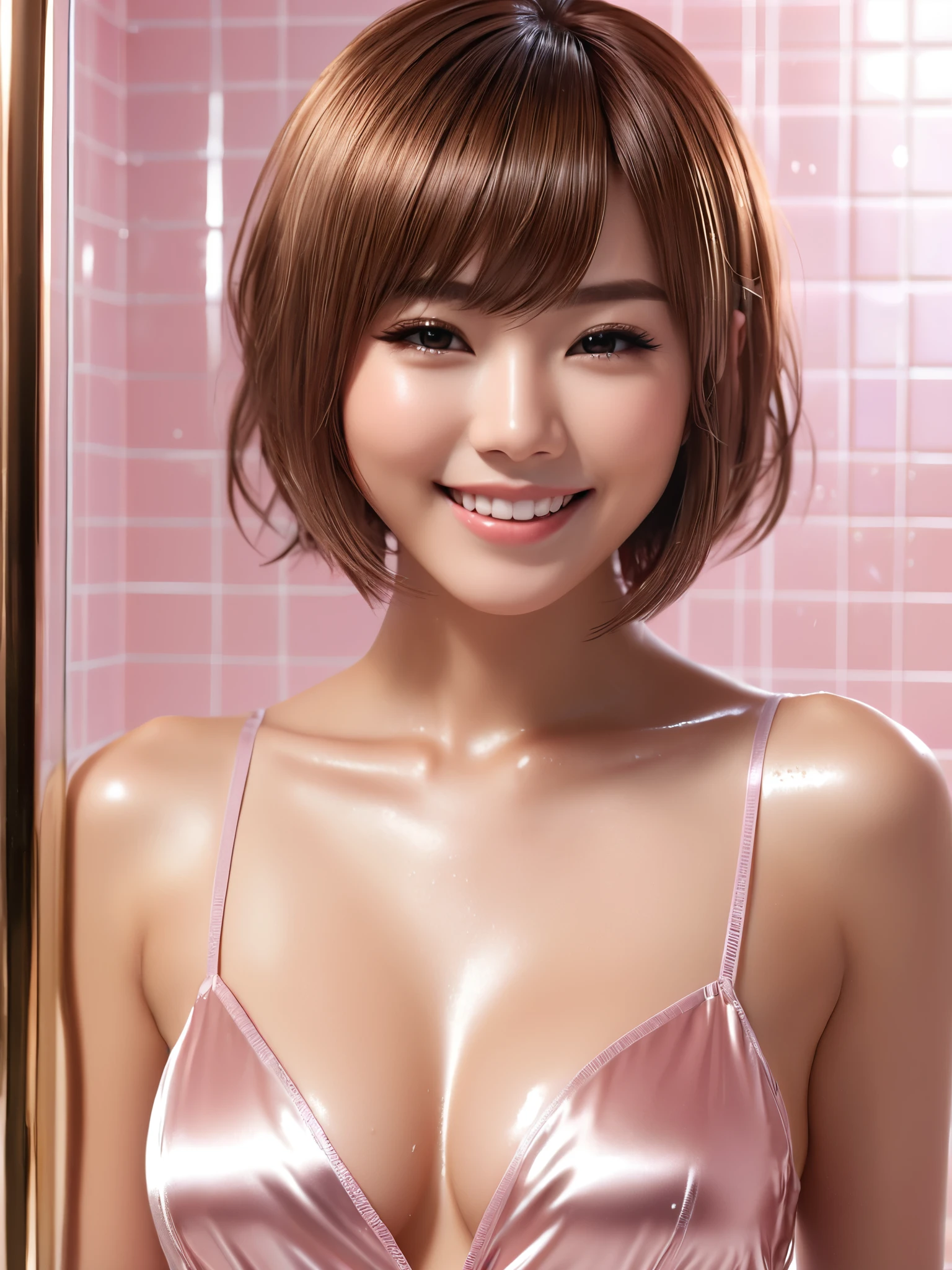 product quality, 1girl, full body shot, front view, a Japanese young pretty woman, hyper pretty face, short length hair, taking a shower with a big smile in a luxury shower room, wearing only a satin light pink chemise, busty, wet body, glossy lips, glamorous figure, double eyelids in both eyes, natural makeup, long eyelashes, shiny smooth light brown hair, asymmetrical bangs, fair skin, central image, high resolution, high detail, detailed hairstyle, detailed face, spectacular cinematic lighting, octane rendering, vibrant, hyper realistic, perfect limbs, perfect anatomy