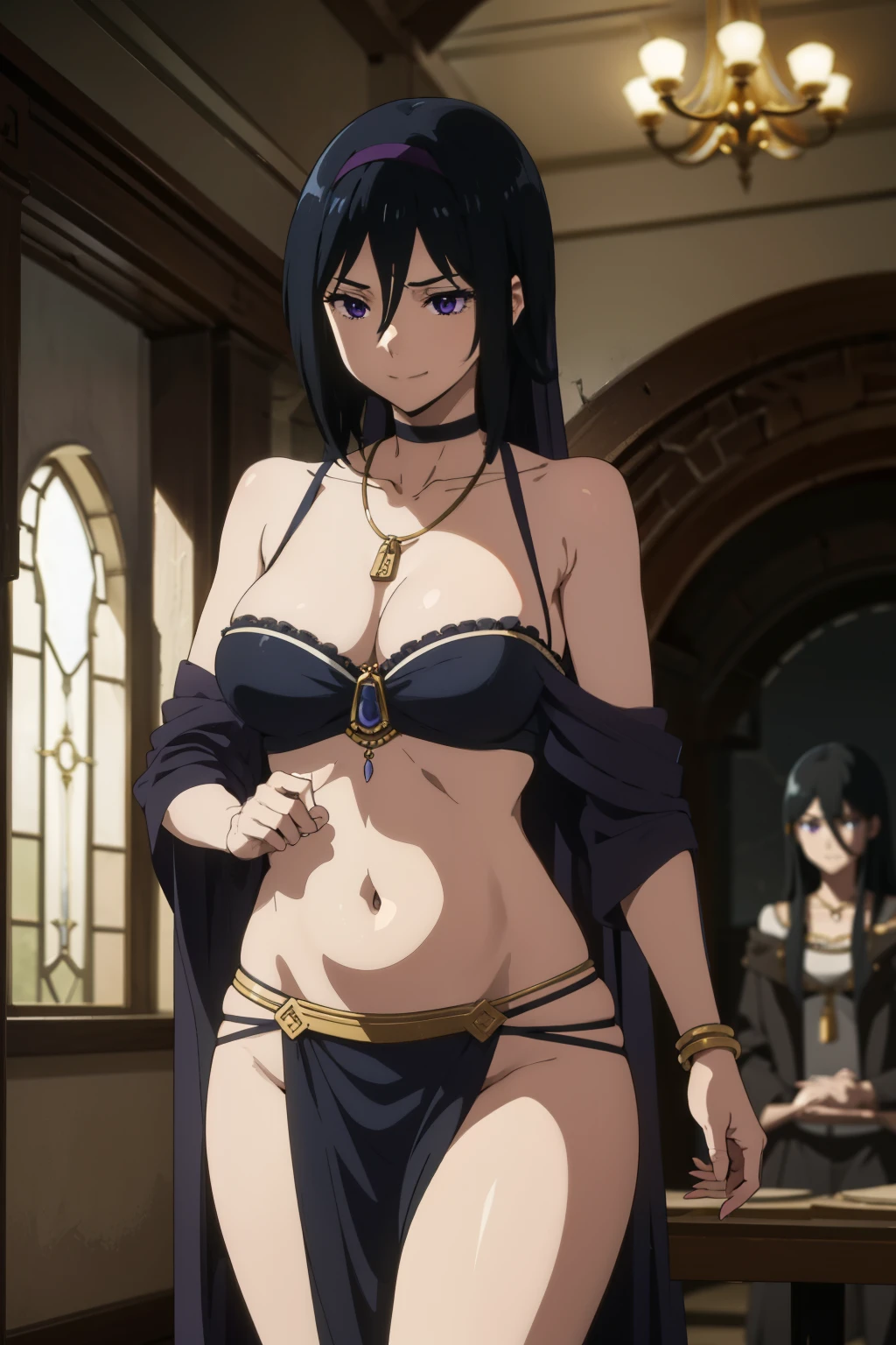 fuyumiirisu, fuyumi irisu, long hair, (purple eyes:1.1), black hair, hair between eyes, large breast,
masterpiece, best quality, highly detailed ,glint,halterneck,gold_choker, complex detailed background, inside, stone wall, ancient interior, ancient egyptian room, hieroglyphs, dark lighting, dark atmosphere, (cowboy shot), holding a sword, sword, belly_chain,harem_outfit,navel, necklace, pelvic_curtain,revealing_clothes, veil，masterpiece,best quality,1girl,mature,evil smile, smile, female,mature,necklace,pendant, (nsfw) not safe for work, exposed belly, exposed navel, exposed midriff, exposed lower belly