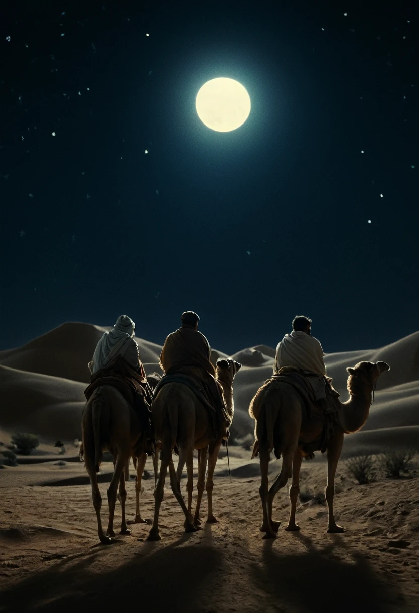 Close-up image, biblical, the three (((3))) wise men, riding on their camels, (((at night))), following the ((star of bethlehem)) through the desert, at night, taking gifts, to meet the baby jesus, delicate detailing, highly detailed textures, soft-focus effect,soft shadows,minimalist aesthetic,gentle illumination,elegant simplicity,serene composition timeless appeal,visual softness,extremely high quality high detail RAW color photo,professional lighting,sophisticated color grading,sharp focus,soft bokeh,striking contrast,dramatic flair,depth of field,seamless blend of colors,cinematic still 35mm,CineStill 50D,800T,natural lighting,shallow depth of field,crisp details,hbo netflix film color LUT,32K,UHD,HDR,film light,panoramic shot,breathtaking,hyper-realistic,ultra-realism,high-speed photography,perfect contrast,award-winning phography,directed by lars von trie