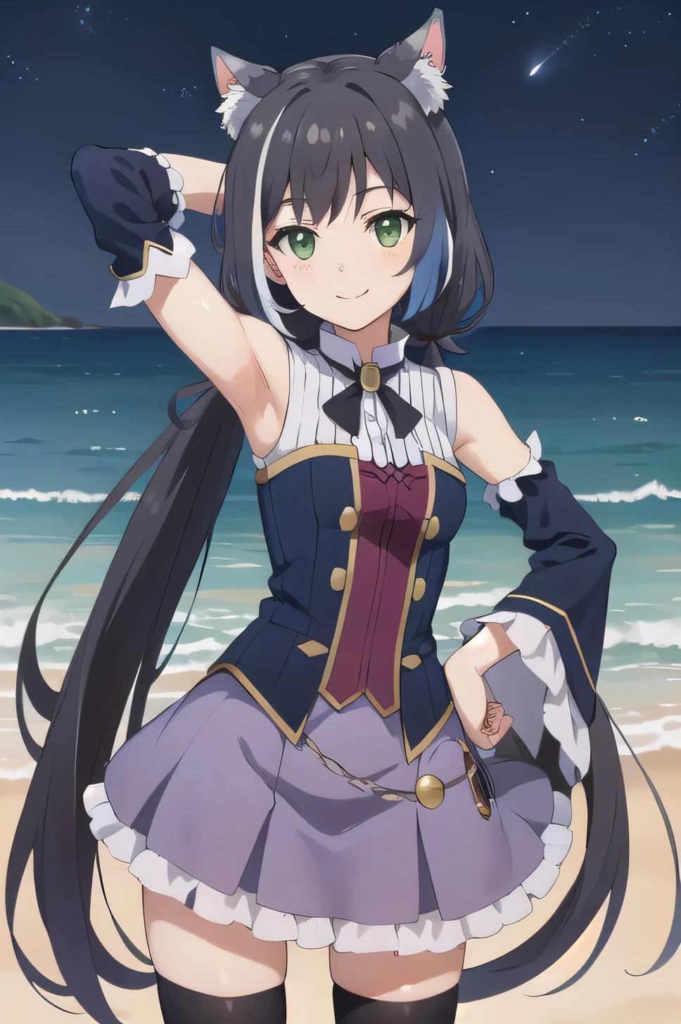 best quality, masterpiece, detailed,
Karyl,
solo, smile,
black hair, streaked hair, white hair, low twintails, very long hair, green eyes, cat ears, cat tail,
KarylDress, detached sleeves, black thighhighs, purple skirt, frills, brooch,
(cowboy shot:1.5), solo, night sky, beach, arm behind head, hand on hip, contrapposto, spread armpits, looking at viewer, best quality,