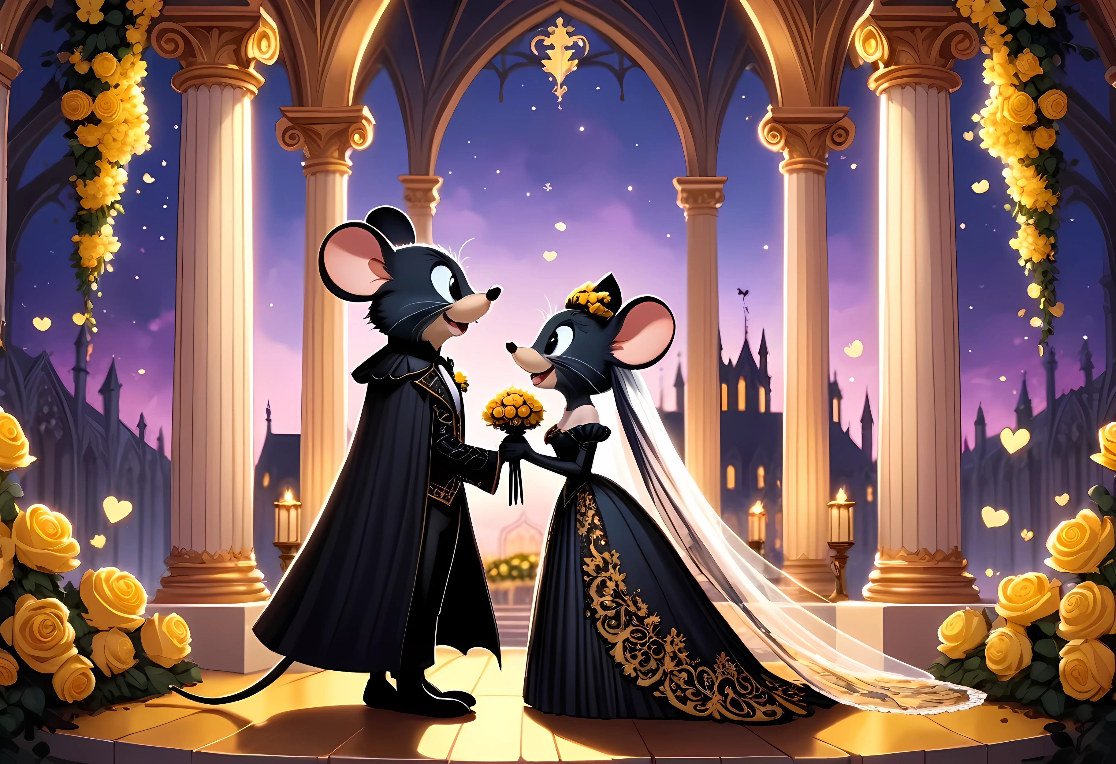 CuteCartoonAF, Cute Cartoon, cute cartoon illustration, (masterpiece in maximum 16K resolution, superb quality, ultra detailed:1.3), side view of a mouse love couple standing on the (edge of the decorative peak:1.2), (Gothic clothes:1.2) with yellow patterns, (amidst the classic wedding ceremony), (columns surrounded with flowers, floating petals), twilight romantic see behind, warm hues.
