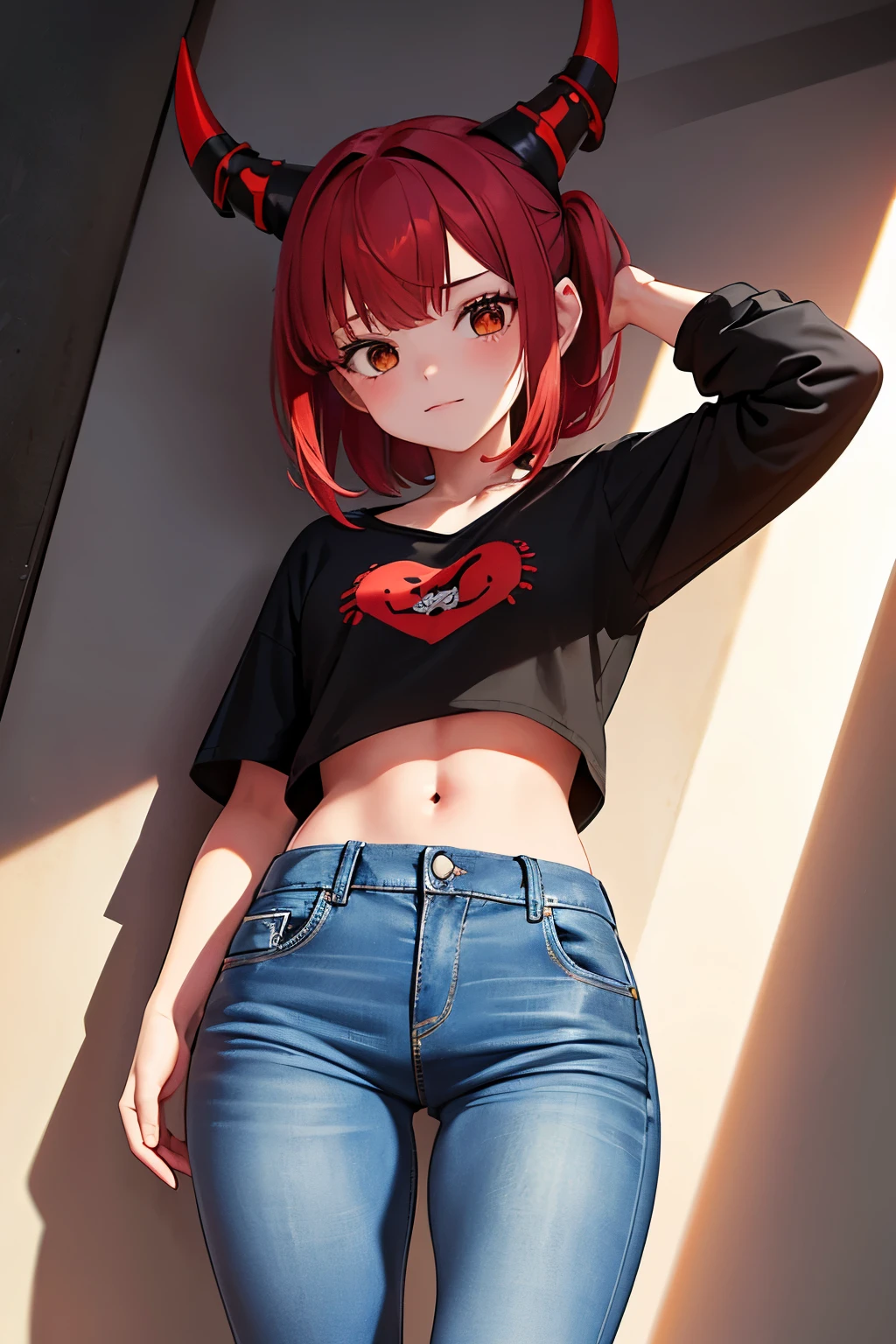 red hair,red This character is a teenage girl with horns that are 13.2 centimeters high and 1.28 centimeters thick. The horns are located on the upper left side of her head, showing remnants of her previous life as a Hollow helmet. Ella tiene corto, rojo y Fuego carmesí Her hair is short and reaches her shoulders. She has small breasts, approximately 2 and 1.5 centimeters high and 1.10 centimeters thick. She is 14 years old jeans and t-shirt (sudadera con capucha).eyes,bound and gagged