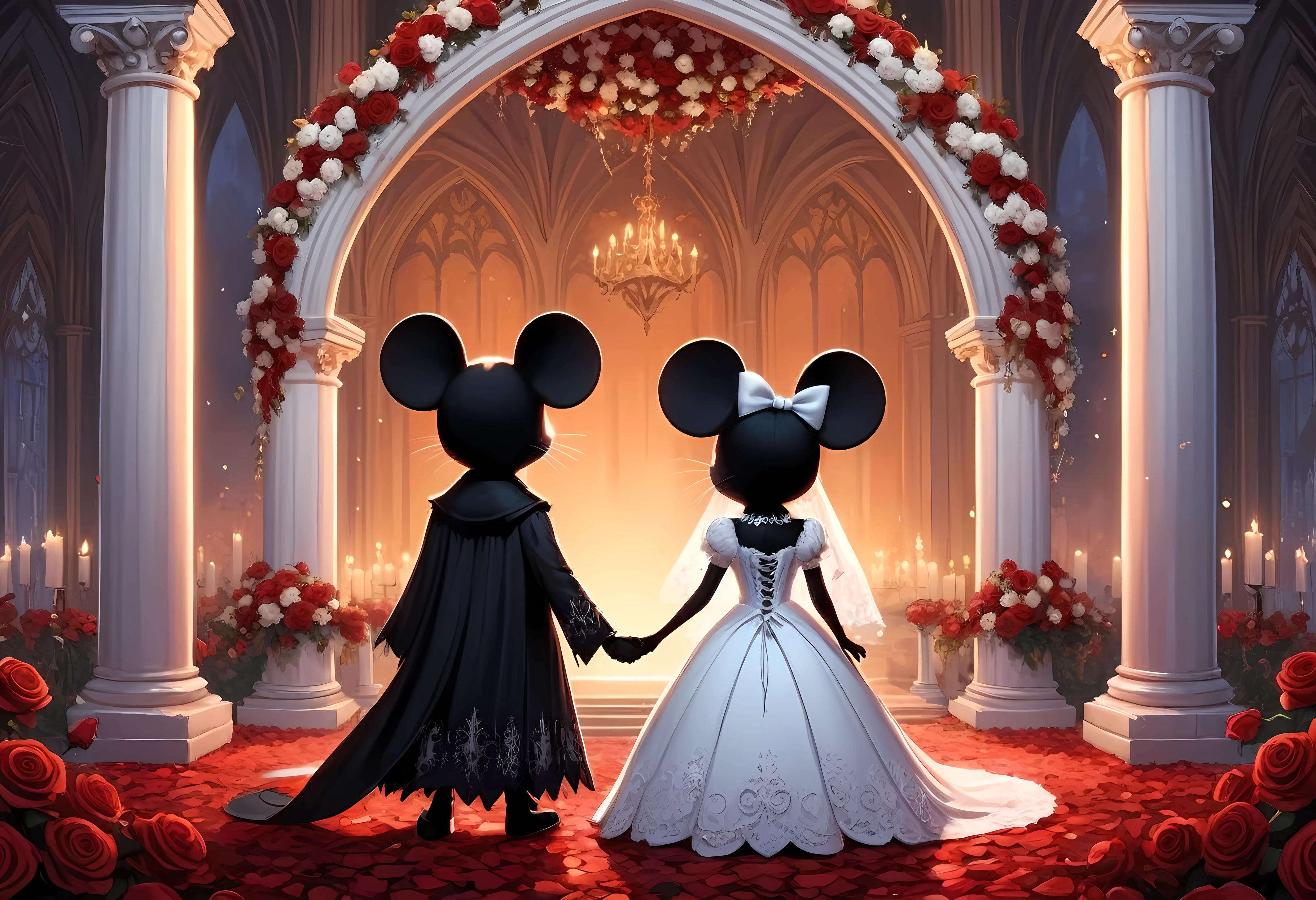 CuteCartoonAF, Cute Cartoon, cute cartoon illustration, (masterpiece in maximum 16K resolution, superb quality, ultra detailed:1.3), side view of a mouse love couple standing on the (edge of the decorative peak:1.2), (Gothic clothes:1.2) with complex white patterns, (amidst the classic wedding ceremony), (columns surrounded with red roses, floating petals), twilight romantic see behind, warm hues.
