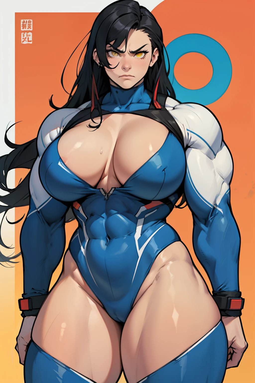 huge muscles huge breasts huge thighs pale skin black hair yellow eyes very long hair muscular girl sad frown expressionless huge muscles huge breasts huge thighs huge muscles huge breasts huge thighs skintight suit