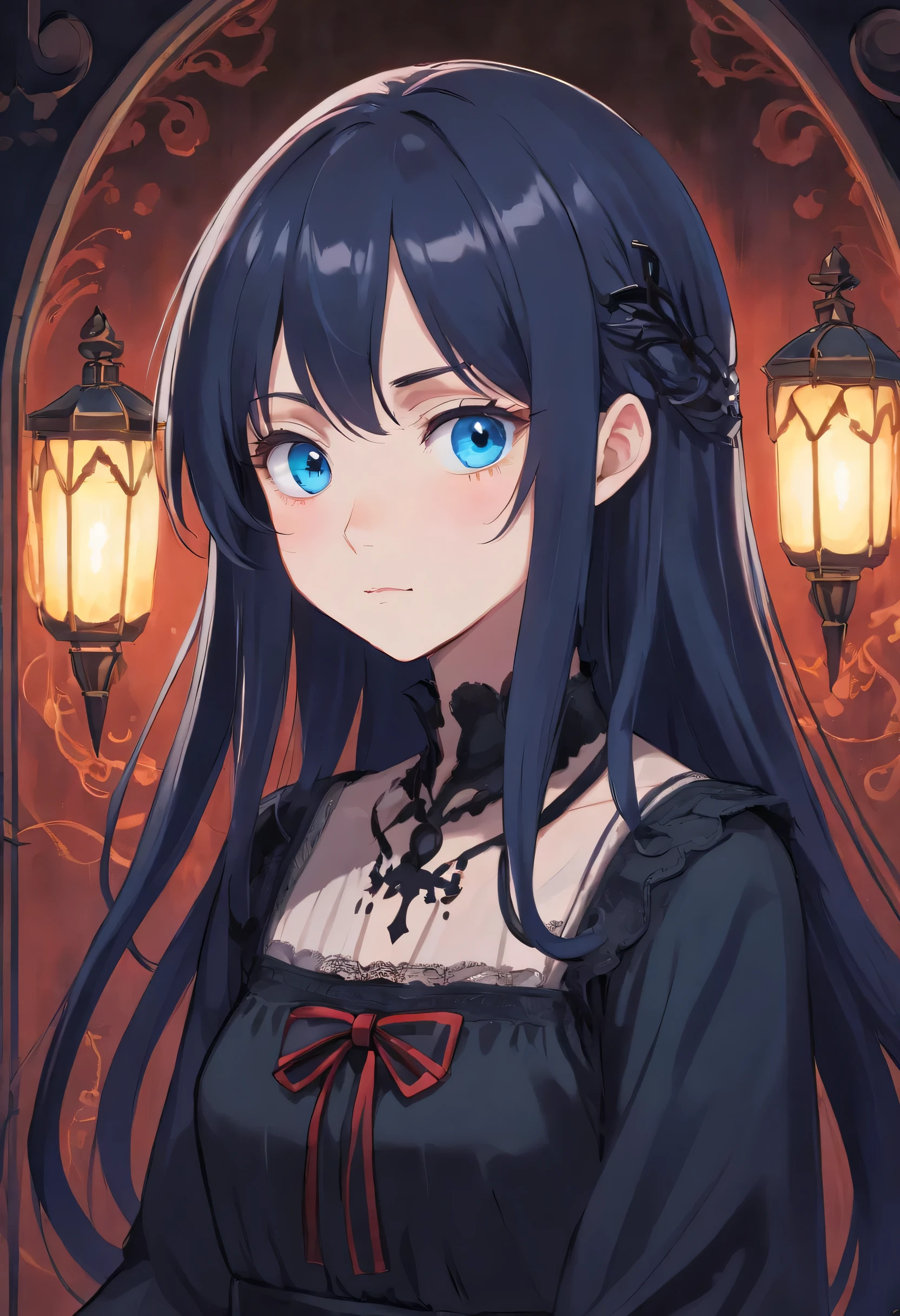 Anime girl with long black hair and blue eyes, Anime Moe Art Style, Gothic maiden anime girl, Gapmore Grim Dark, Anime girl in a black dress, Ghostly eyes and dark hair, 1 7 - Year Old Anime Goth Girl, ufotable's art style, by Hitoshi Homura, Destiny anime style/Stay Night, Long Hair Anime Girl Decadent dark Gothic Horror slender Small breasts painting Portraits