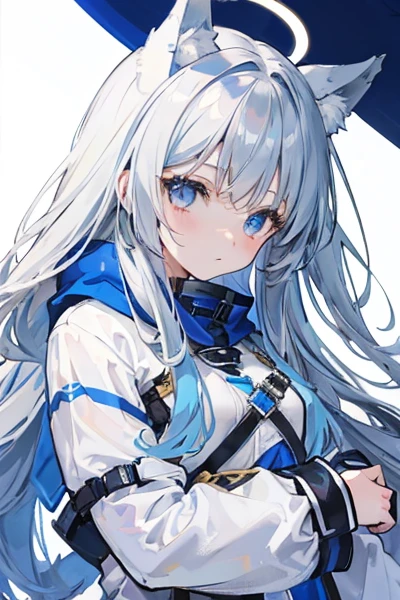 Blue Archives Girl with long gray hair and wolf ears and tail, gray eyed girl, girl with a halo above her head