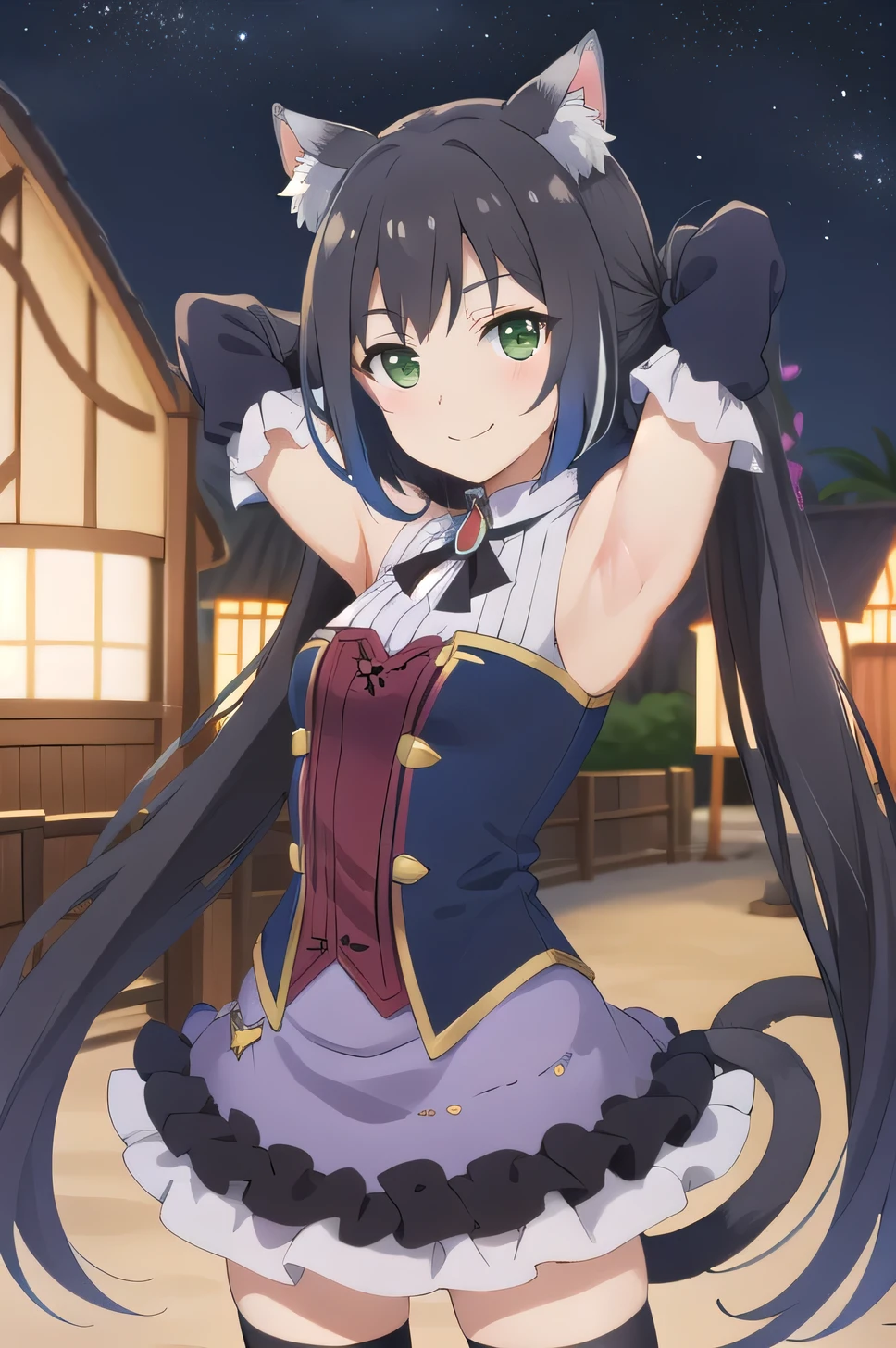 best quality, masterpiece, detailed,
Karyl,
solo, smile,
black hair, streaked hair, white hair, low twintails, very long hair, green eyes, cat ears, cat tail,
KarylDress, detached sleeves, black thighhighs, purple skirt, frills, brooch,
(cowboy shot:1.5), solo, night sky, beach, arms behind head, contrapposto, spread armpits, looking at viewer, best quality,