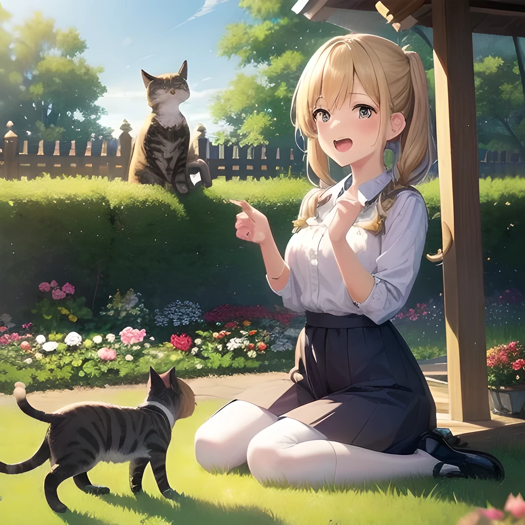 TOP quality,8K, masterpiece, (manga:1.2), (1girl, cat:1.2), (laugh:1.3), (garden),