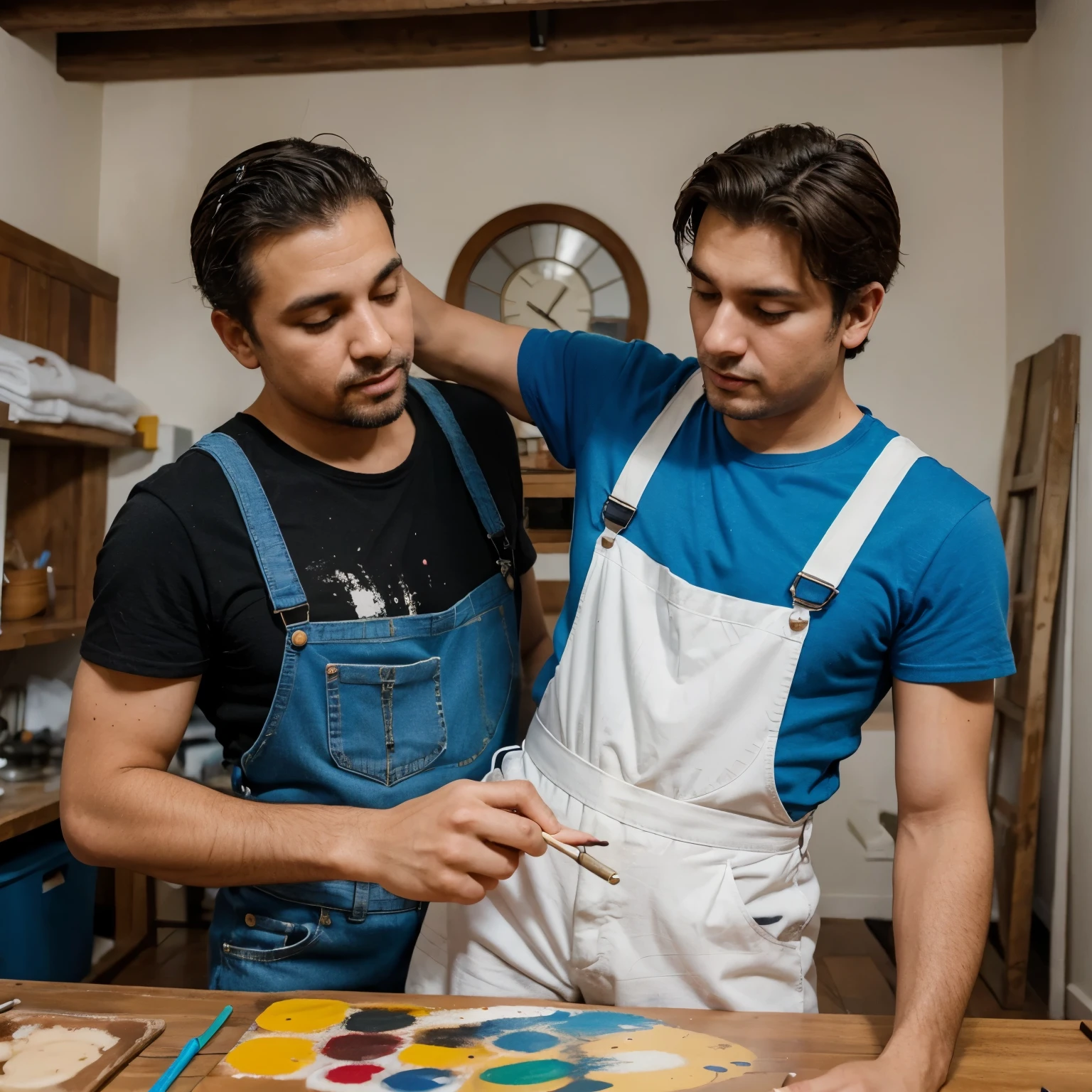 Papa y hijo pintando juntos de espaldas con overall