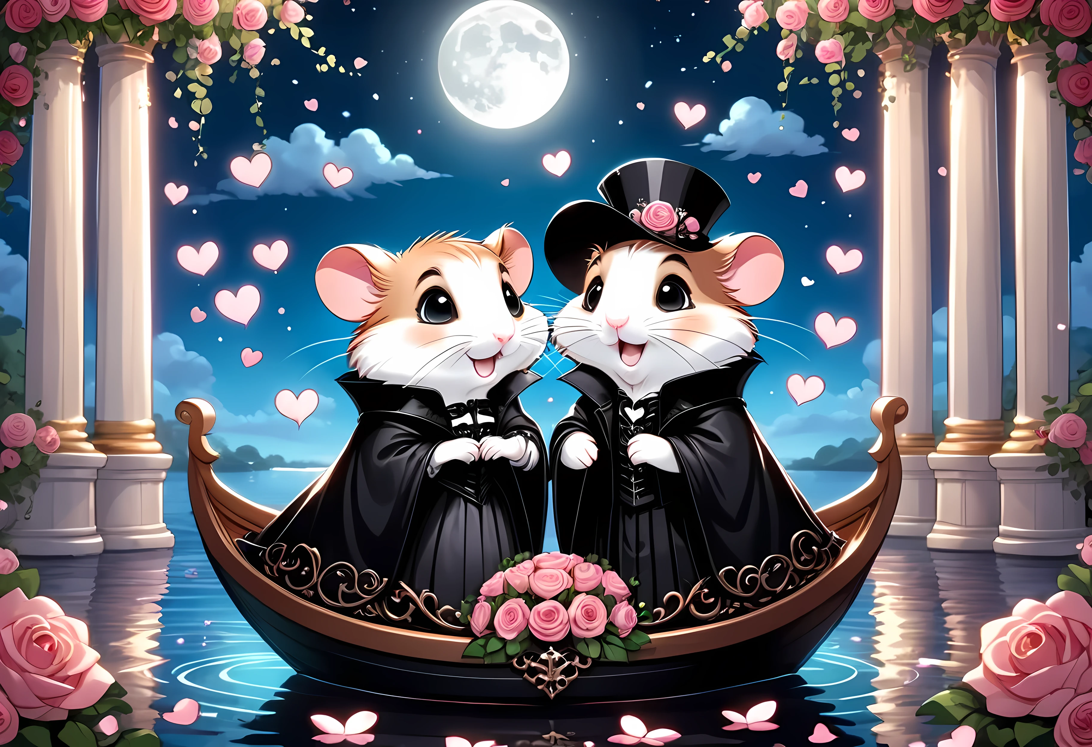 CuteCartoonAF, Cute Cartoon, cute cartoon illustration, (masterpiece in maximum 16K resolution, superb quality, ultra detailed:1.3), side view of a hamster love couple standing on the (decorative romantic boat with sharp features:1.2), (Gothic clothes:1.4), (amidst the classic wedding ceremony), (columns surrounded with flowers, floating petals), serene romantic atmosphere, moonlit night.
