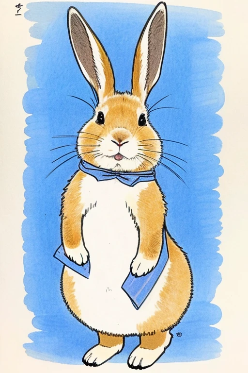 high quality、{SD}、A light touch of colored pencil drawing、Blue back、A short-eared rabbit with a sleepy face、Holding a carrot in his right hand、The left hand is waving、Semi-transparent speech bubble