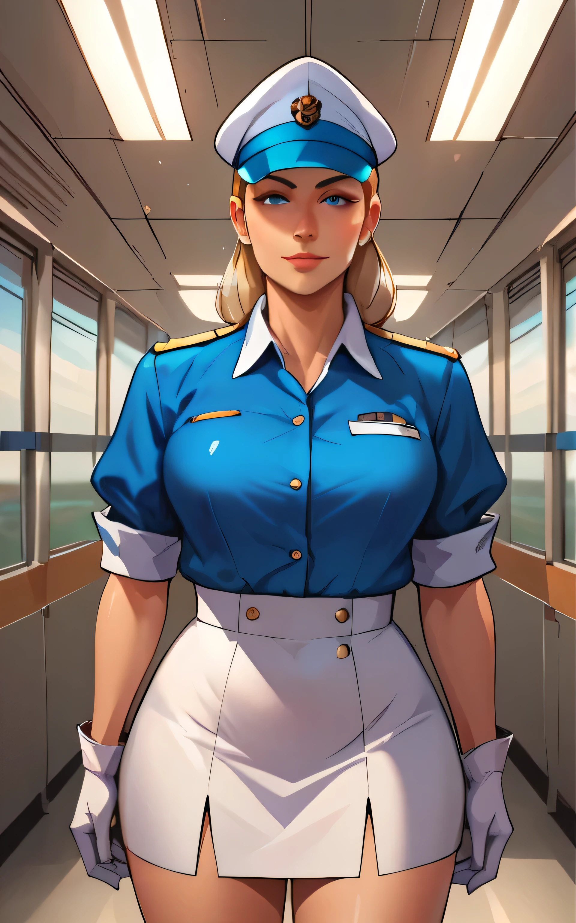 score_9, score_8_up, score_7_up, BREAK extremely detailed, 2d, solo, stewardess, unbuttoned blue blouse, cleavage, white skirt, gloves, cap, (smile:0.5), indoors, airport, facing viewer, frontal image, one hand at waist.