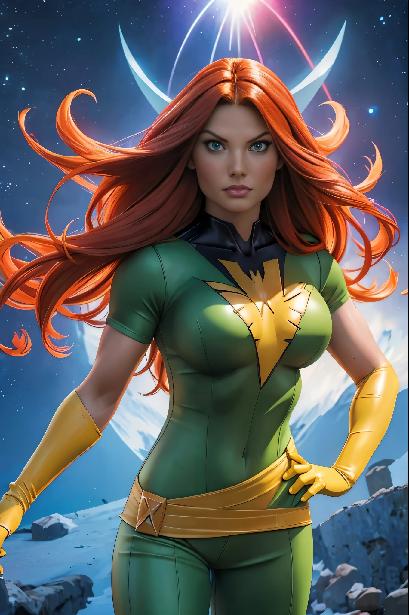 (Jean Grey), Xmen 97, a beautiful woman with long red hair, detailed face, piercing green eyes, wearing a blue and yellow costume, x-men 97 style, dynamic pose, muscular body, cosmic powers, dramatic lighting, cinematic composition, photorealistic, award winning digital art