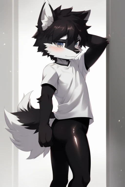 Furry wolf,((Shota)), black spandex tights, white shirt, solo, standing