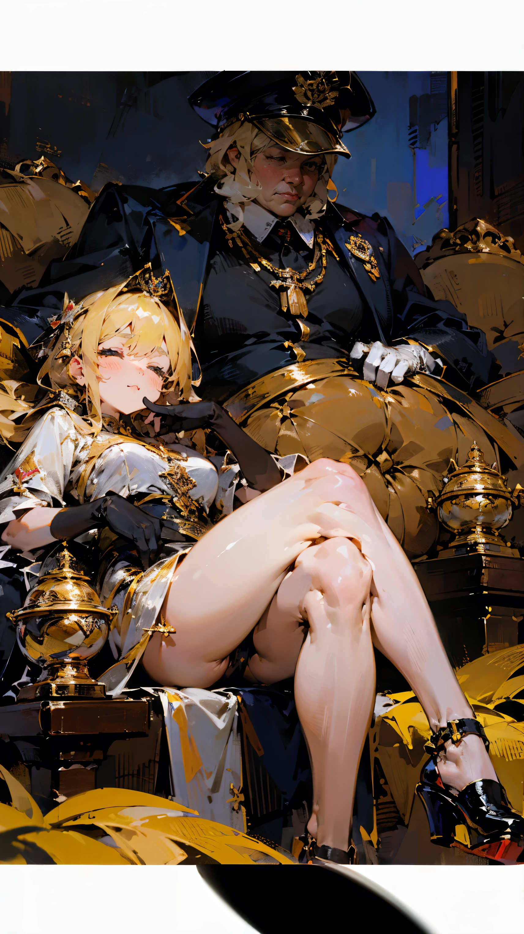 ((best quality)), Suit，desert，Jewelry Packaging)),((1 Obese girl，At the bank counter))，Lots of luxurious decorations，a lot of money，Dollar，money，From the sole，With eyes closed，Sleep lying down，Cross your legs，Bright blonde hair，Luxurious details everywhere，Platform shoes，((Gloves))，（Nikolai Fehin），( Fisher, )，bank